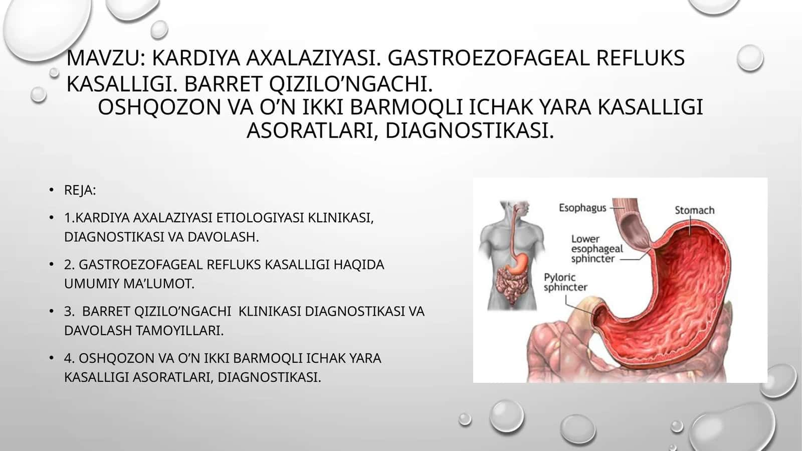 Kardiya axalaziyasi.Gastroezofageal refluks kasalligi.Barret qizilo’ngachi. Oshqozon va o’n ikki barmoqli ichak yara kasalligi asoratlari, diagnostikasi 1