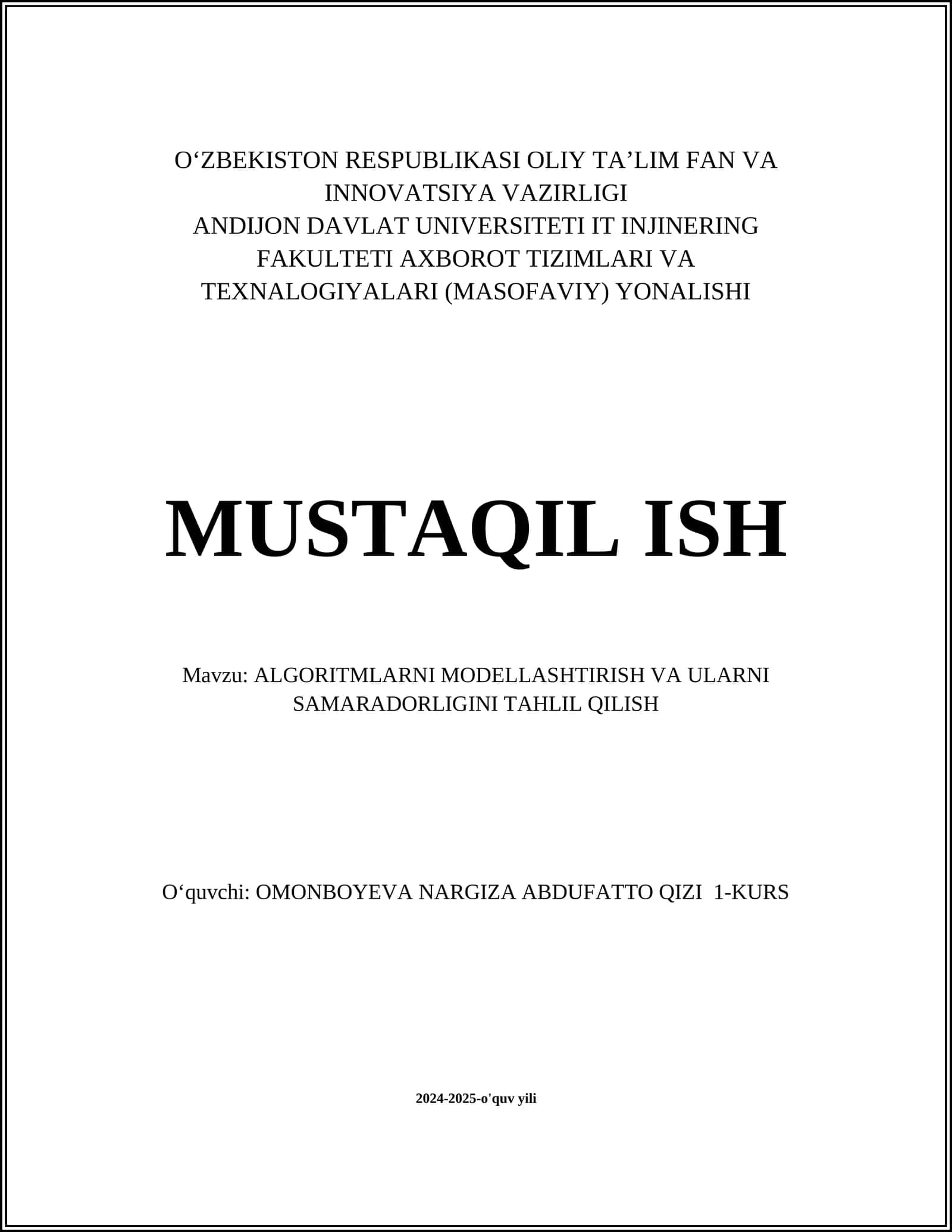 ALGORITMLARNI MODELLASHTIRISH VA ULARNI SAMARADORLIGINI TAHLIL QILISH 1