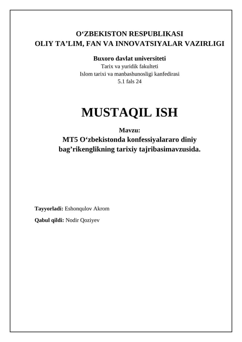 MT5 O‘zbekistonda konfessiyalararo diniy bag’rikenglikning tarixiy tajribasimavzusida 1