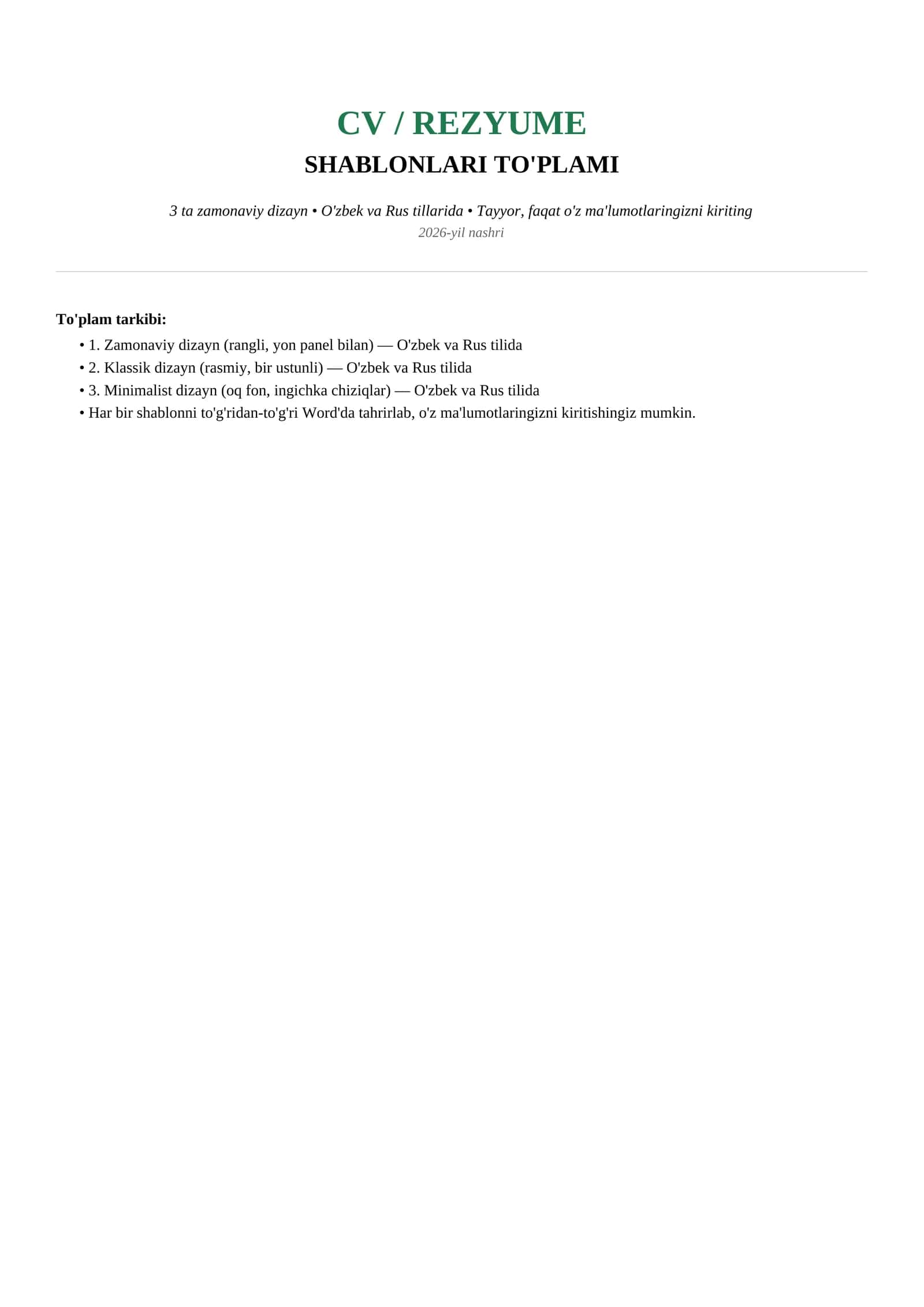CV rezyume shablonlari 2026 - tayyor, professional 1