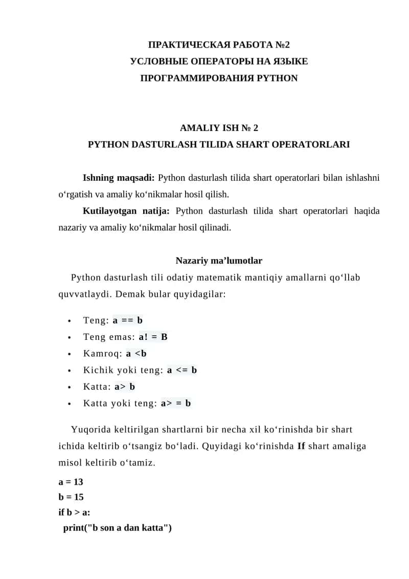 PYTHON DASTURLASH TILIDA SHART OPERATORLARI 1