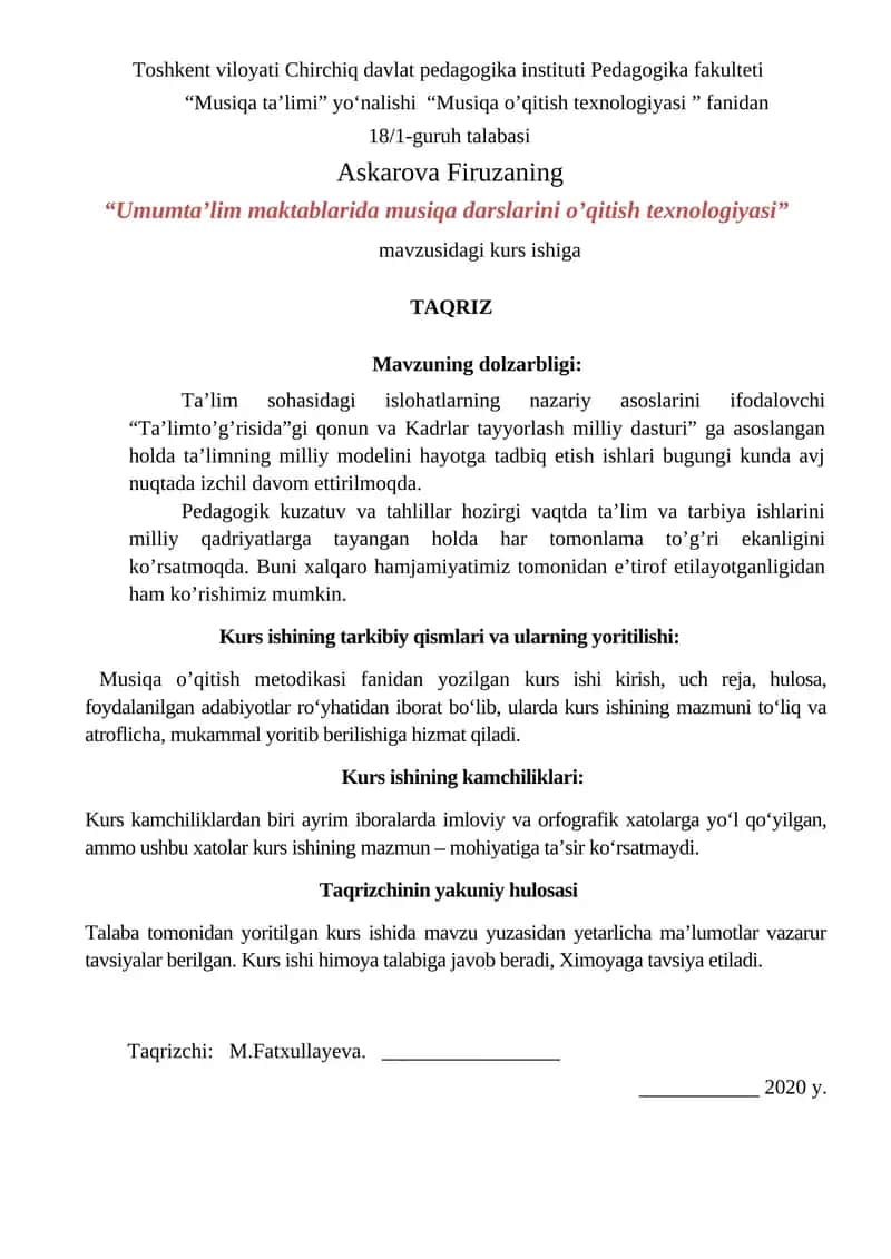 Umumta’lim maktablarida musiqa darslarini o’qitish texnologiyasi 1