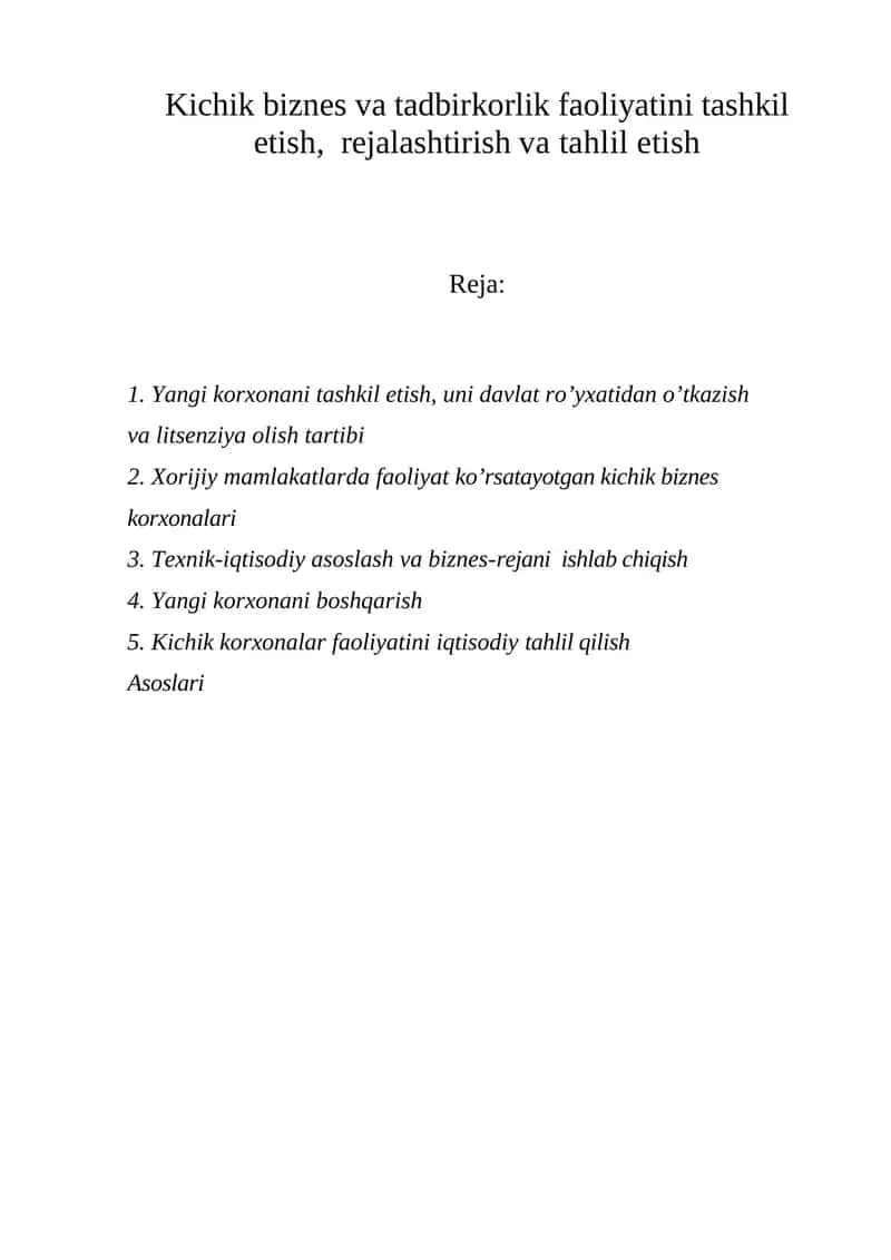 Kichik biznes va tadbirkorlik faoliyatini tashkil etish, rejalashtirish va tahlil etish 1