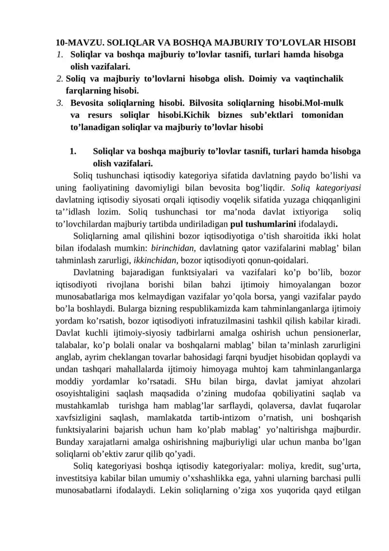 Soliqlar va boshqa majburiy to’lovlar hisobi 1