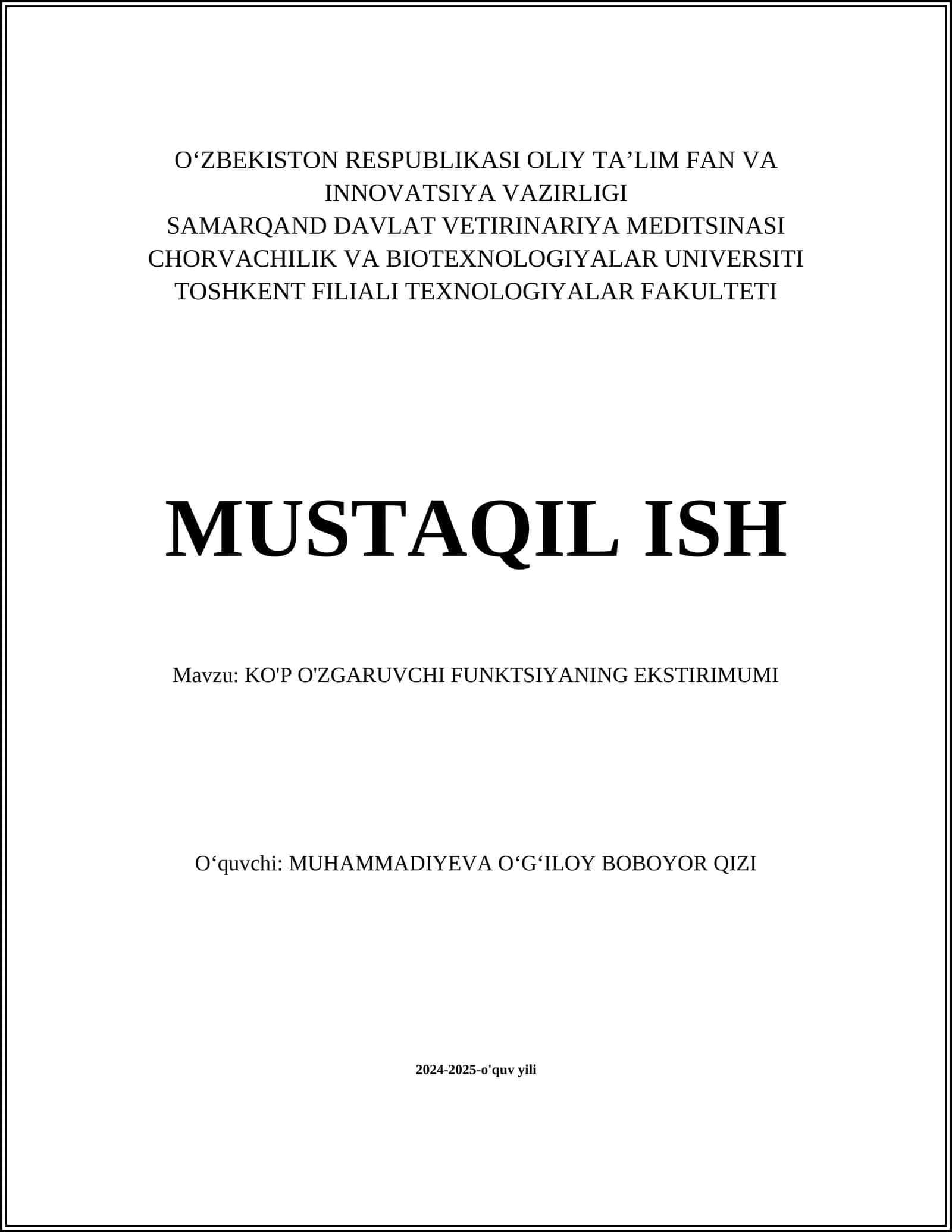 KO'P O'ZGARUVCHI FUNKTSIYANING EKSTIRIMUMI 1