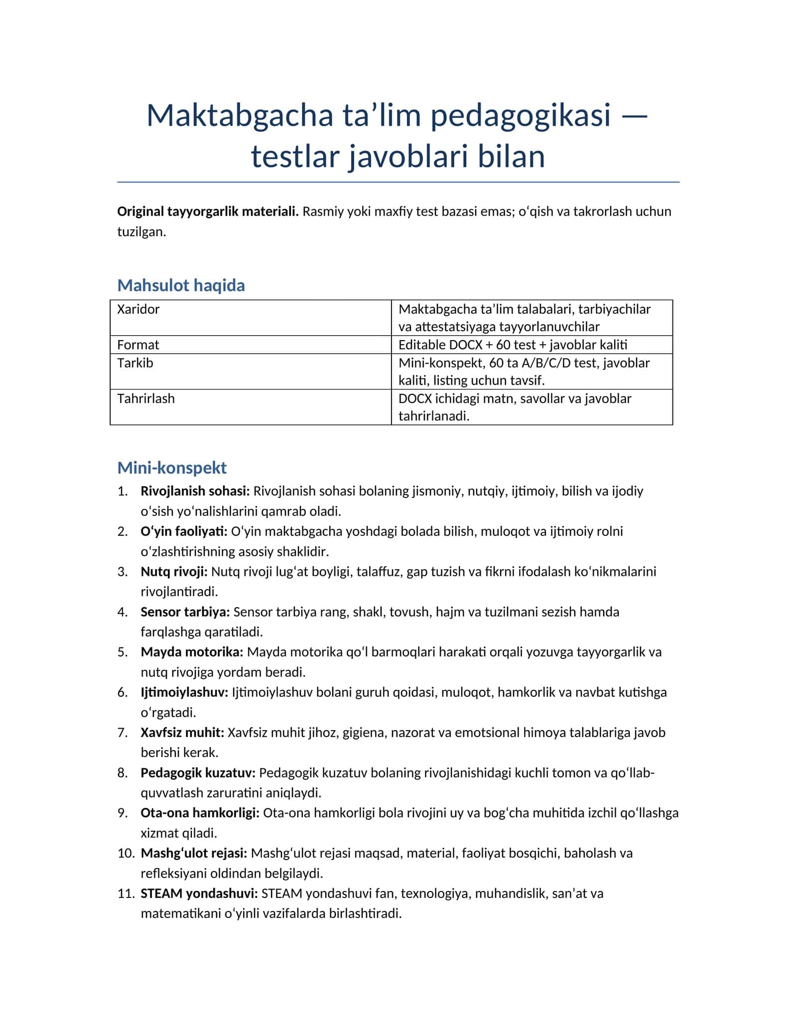 Maktabgacha ta’lim pedagogikasi — testlar javoblari bilan 1