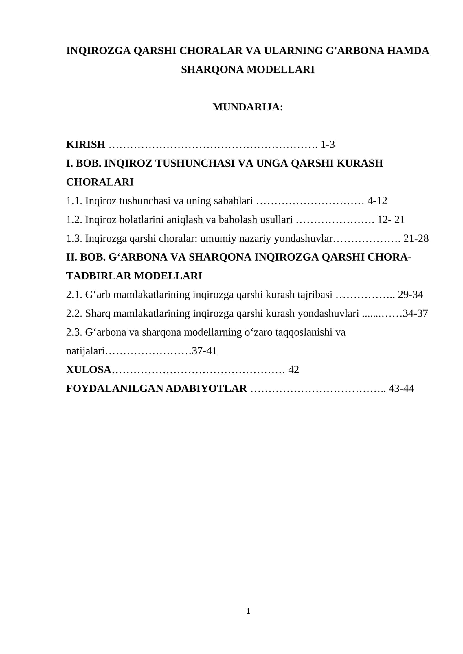 INQIROZGA QARSHI CHORALAR VA ULARNING G'ARBONA HAMDA SHARQONA MODELLARI 1