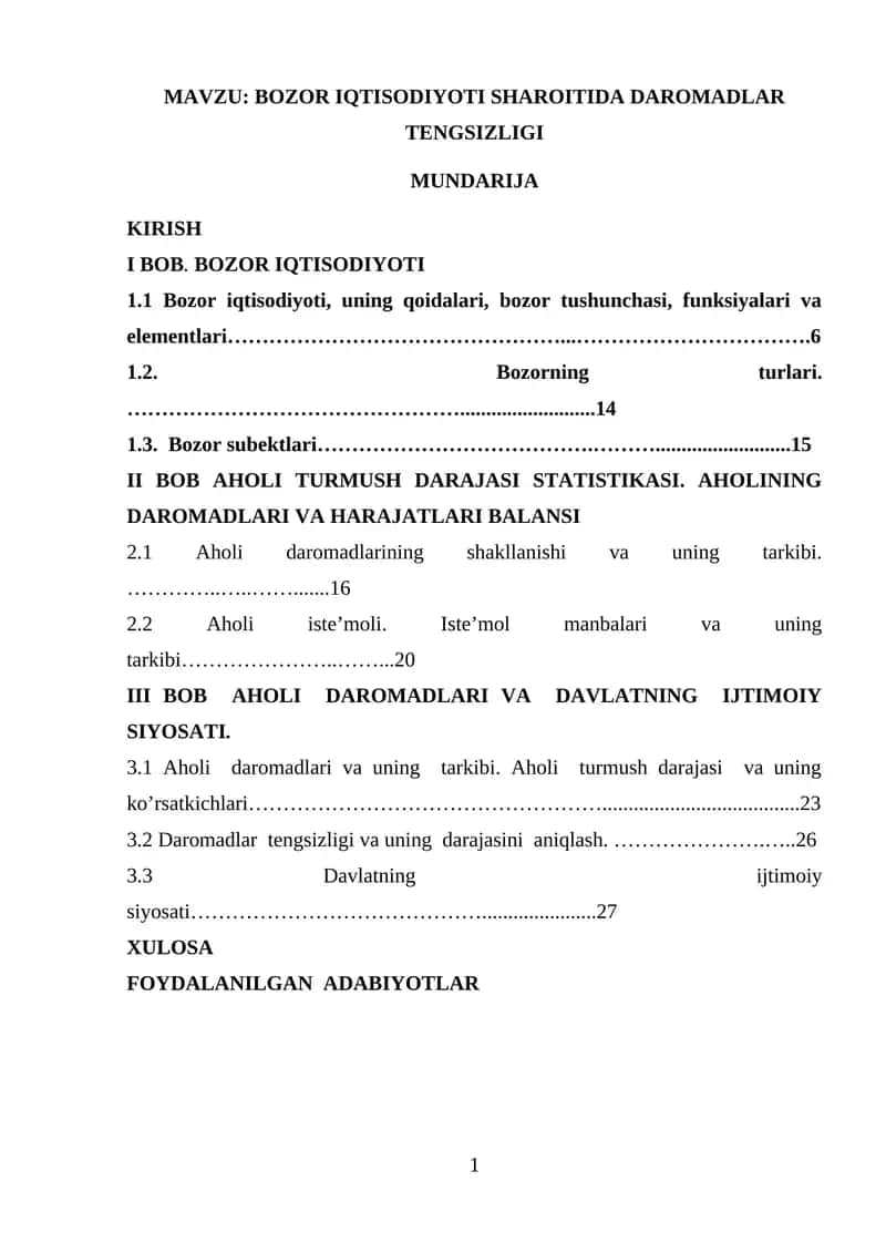 BOZOR IQTISODIYOTI SHAROITIDA DAROMADLAR TENGSIZLIGI 1