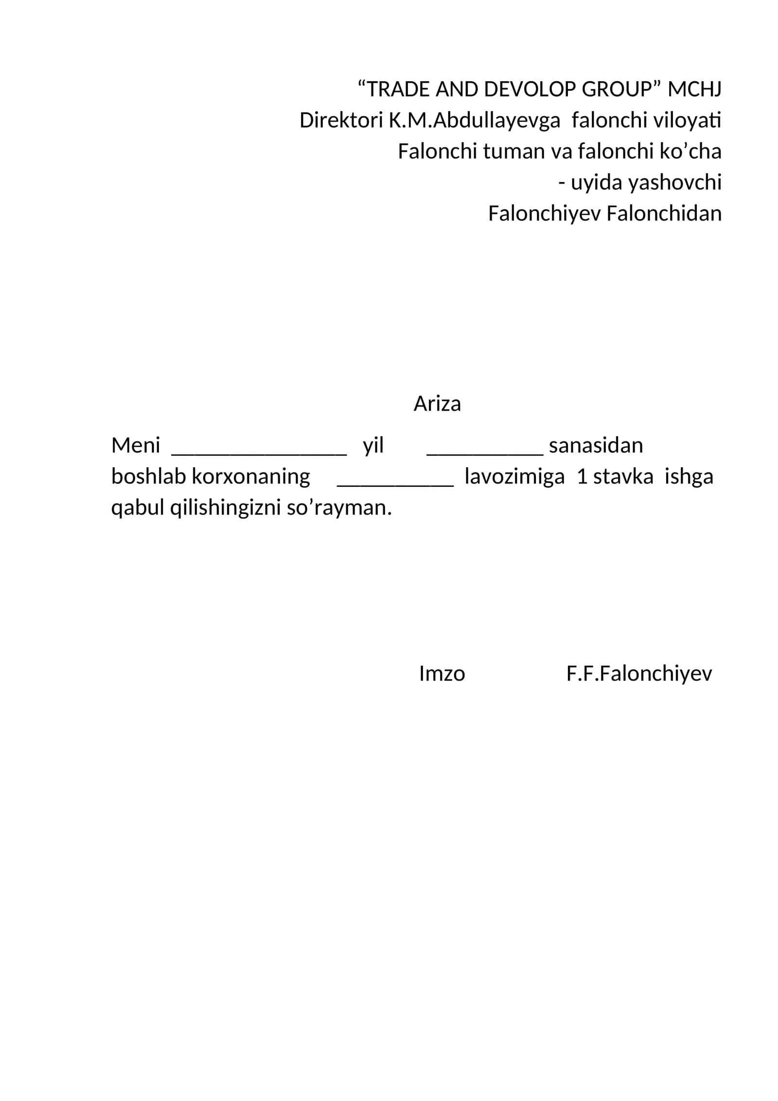 Ishga kirishda yoziladigan ariza shabloni 1