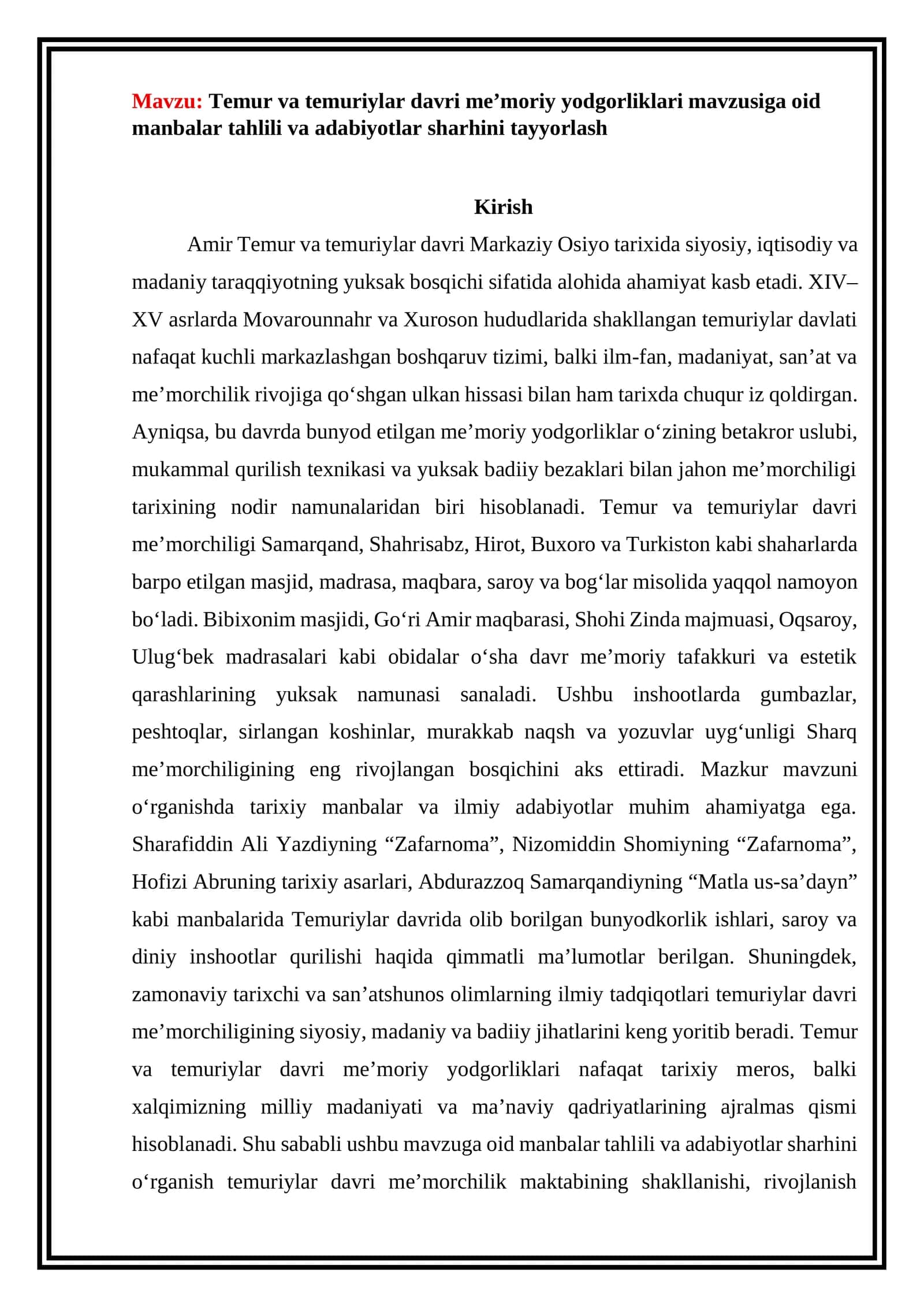 Temur va temuriylar davri me’moriy yodgorliklari mavzusiga oid manbalar tahlili va adabiyotlar sharhini tayyorlash 1