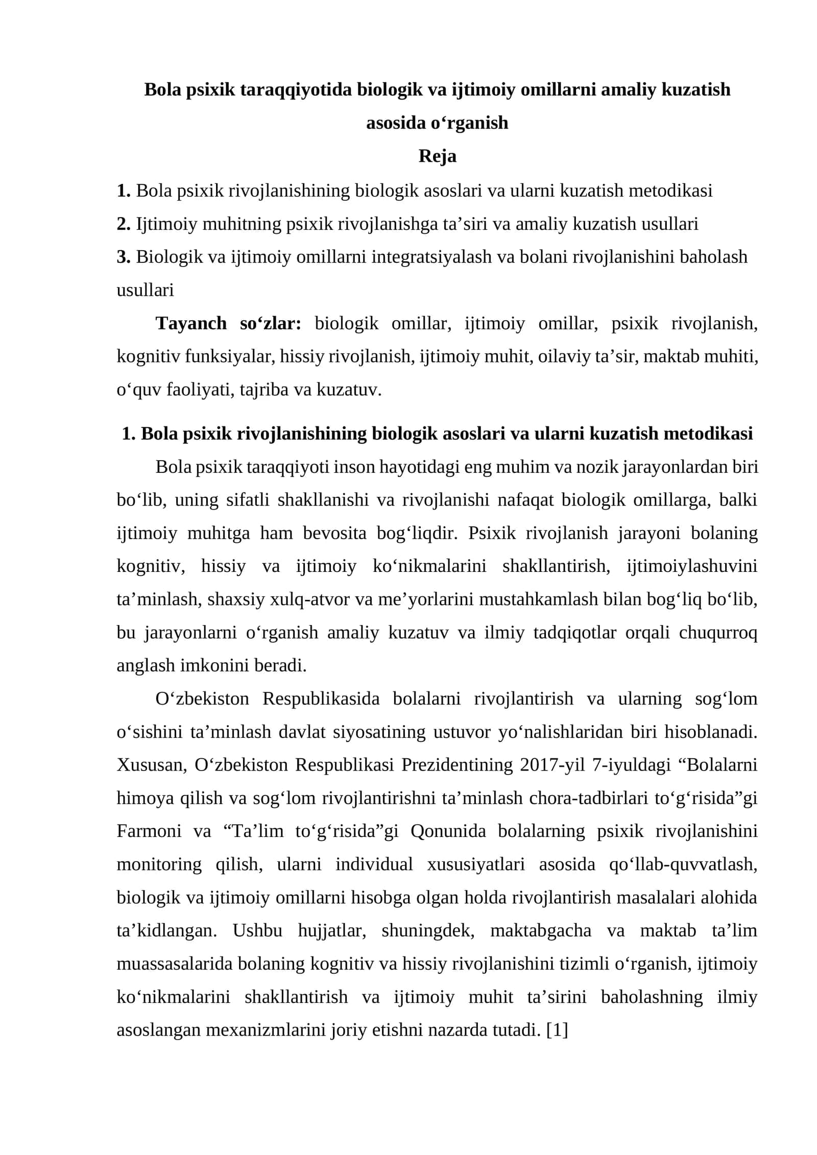 Bola psixik taraqqiyotida biologik va ijtimoiy omillarni amaliy kuzatish asosida o‘rganish 1