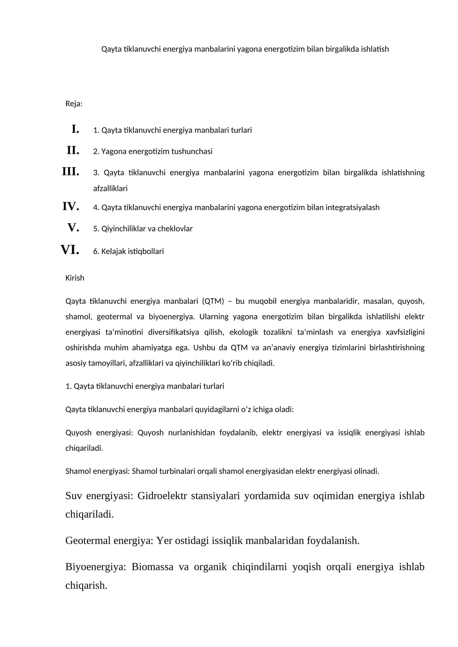 Qayta tiklanuvchi energiya manbalarini yagona energotizim bilan birgalikda ishlatish 1