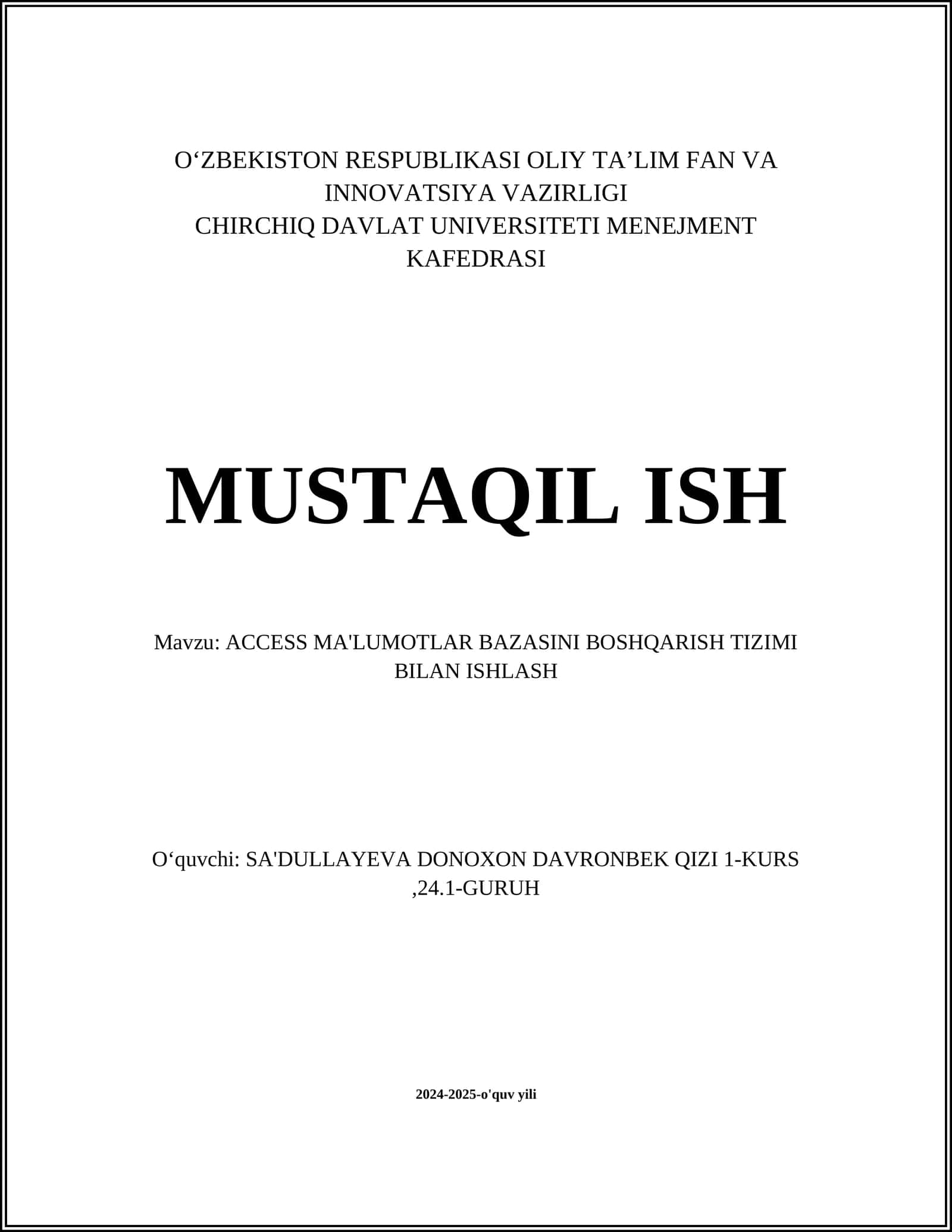 ACCESS MA'LUMOTLAR BAZASINI BOSHQARISH TIZIMI BILAN ISHLASH 1
