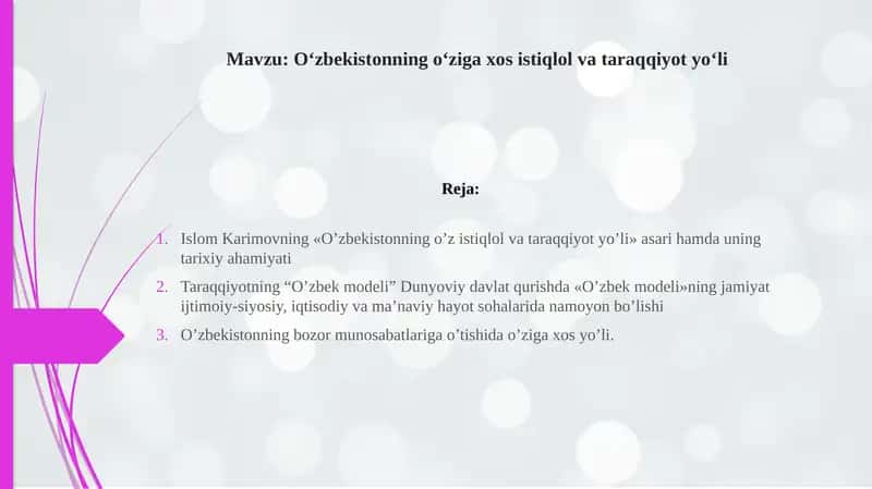 O‘zbekistonning o‘ziga xos istiqlol va taraqqiyot yo‘li 1