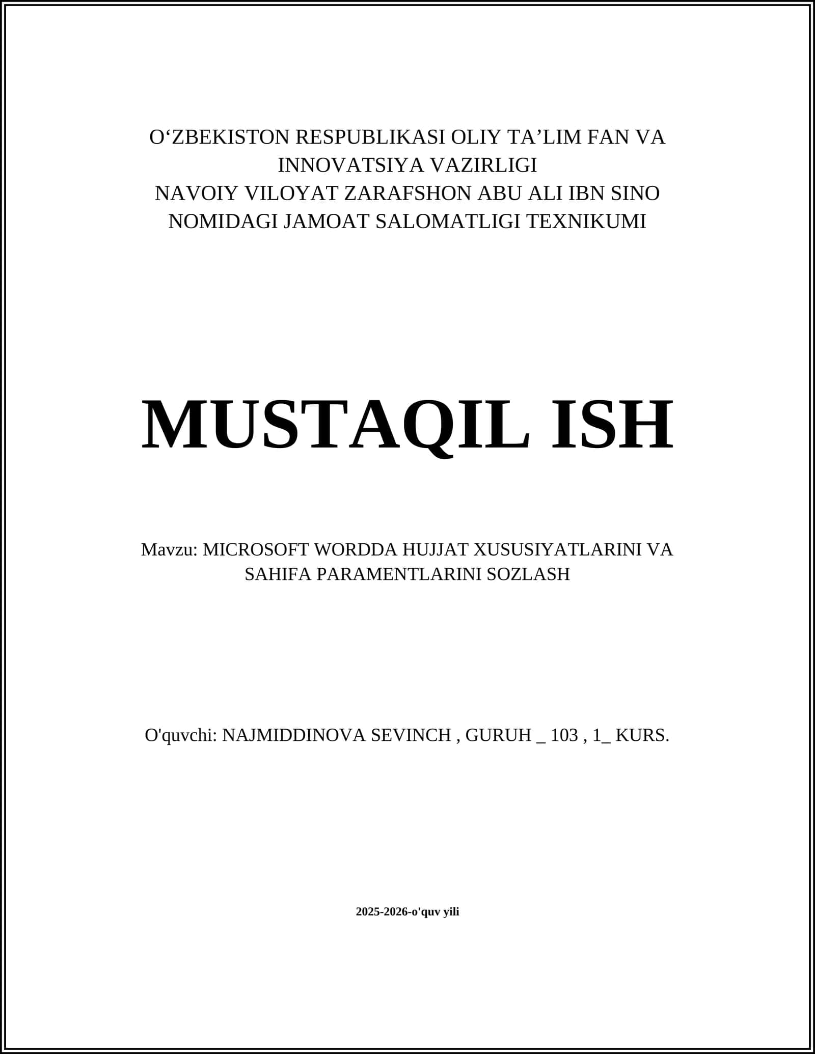 MICROSOFT WORDDA HUJJAT XUSUSIYATLARINI VA SAHIFA PARAMENTLARINI SOZLASH 1