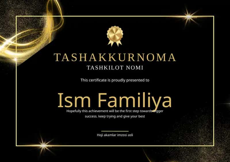 Tashakkurnoma shablon tayyori andoza 1