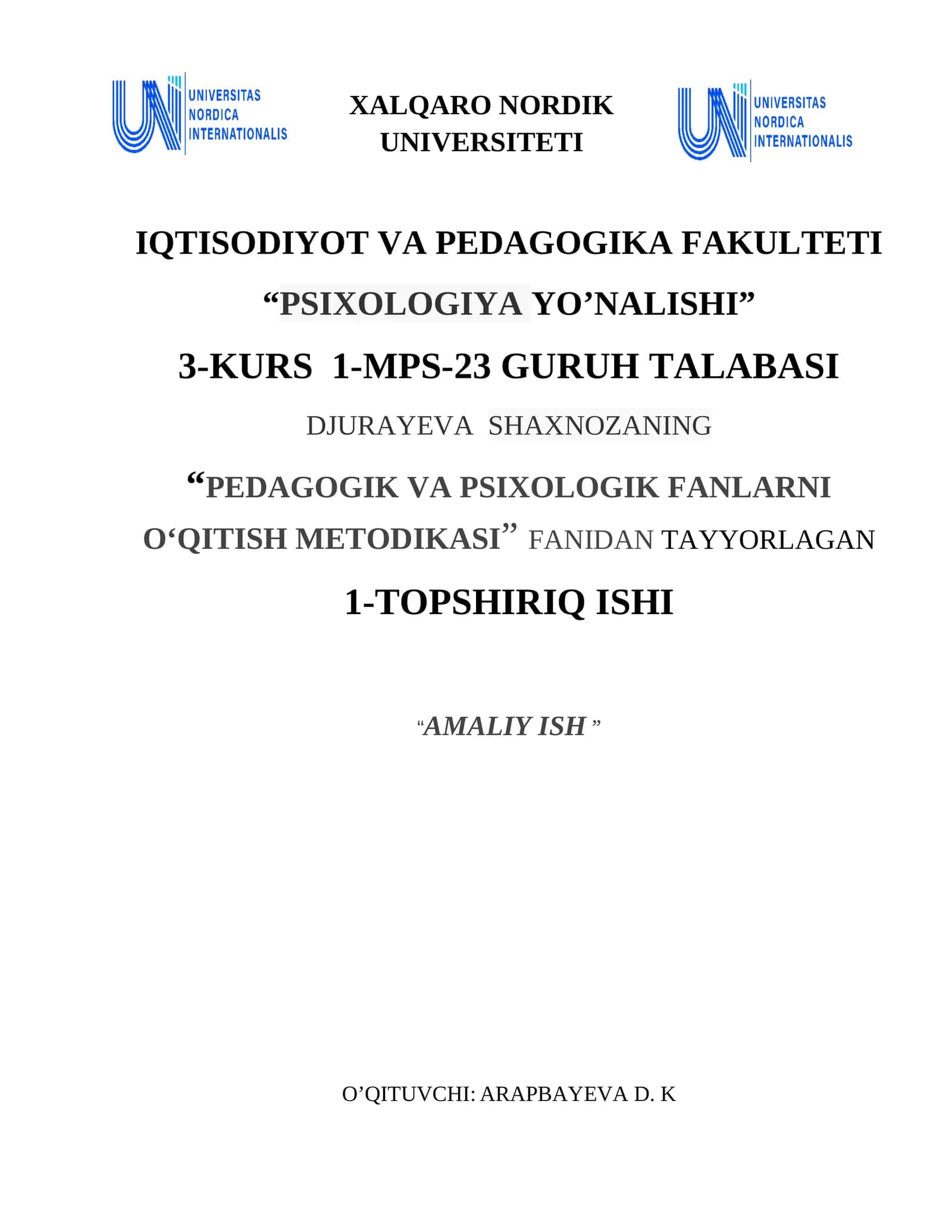 Amaliy ish mavzusi: O'quv motivatsiyasini tashxislash 1