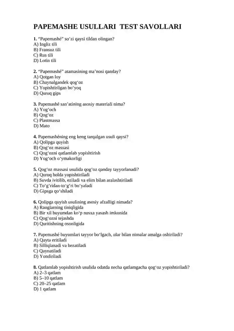 PAPEMASHE USULLARI TEST SAVOLLARI