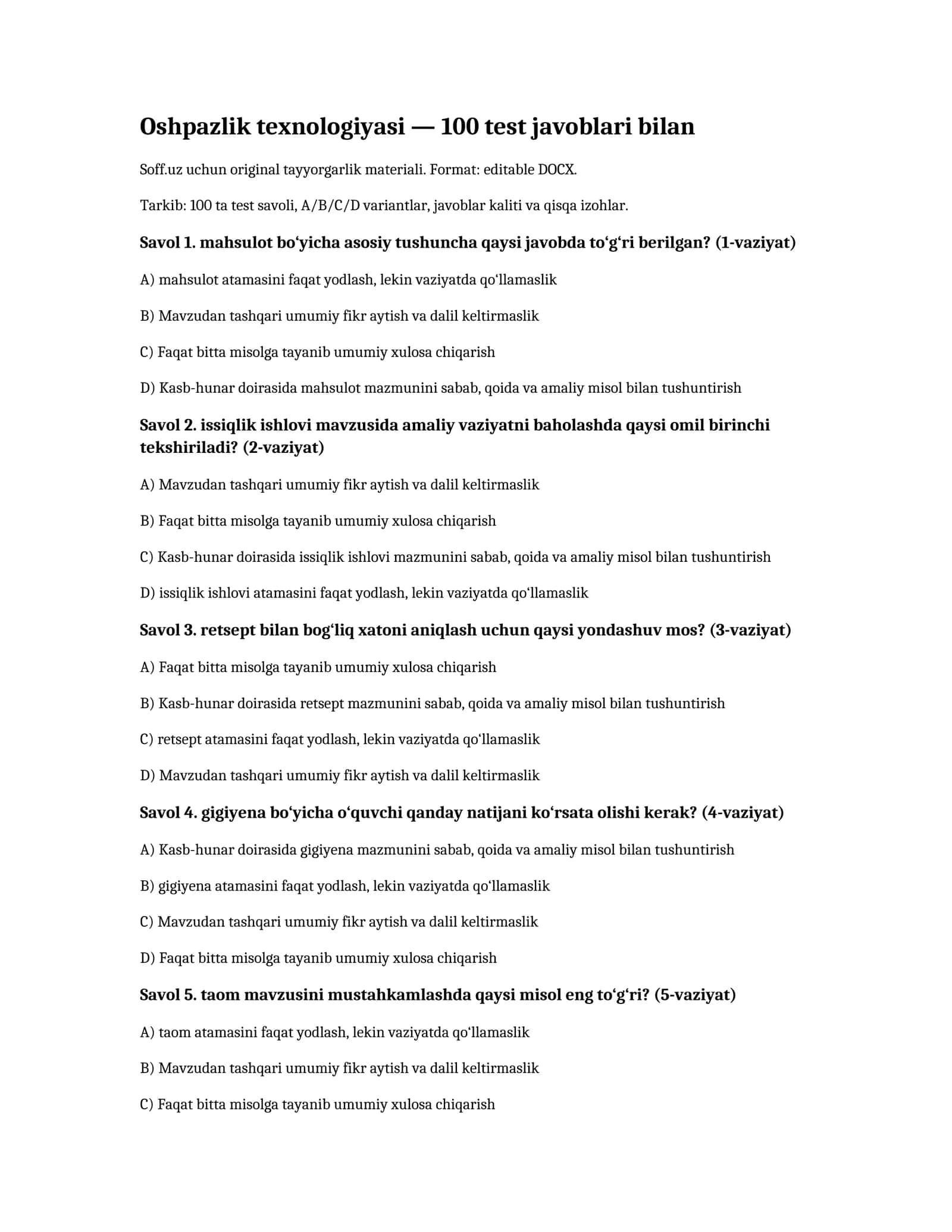 Oshpazlik texnologiyasi — 100 test javoblari bilan 1