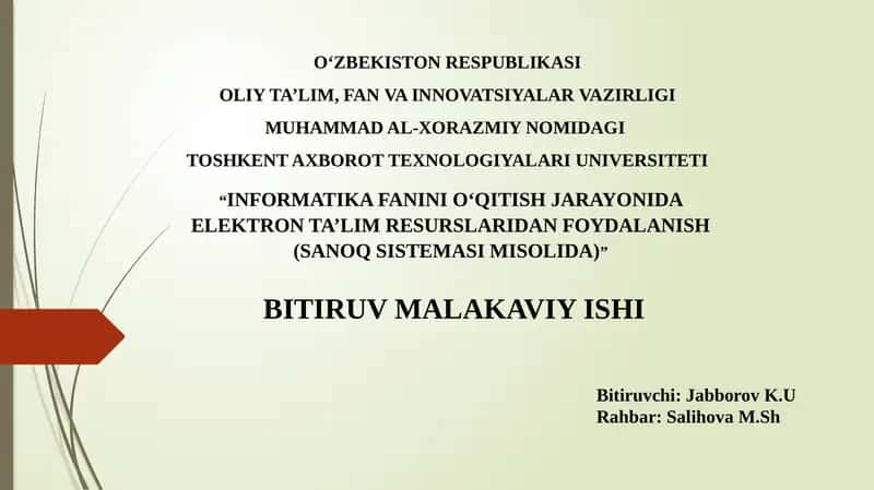 INFORMATIKA FANINI O‘QITISH JARAYONIDA ELEKTRON TA’LIM RESURSLARIDAN FOYDALANISH (SANOQ SISTEMASI MISOLIDA) 1