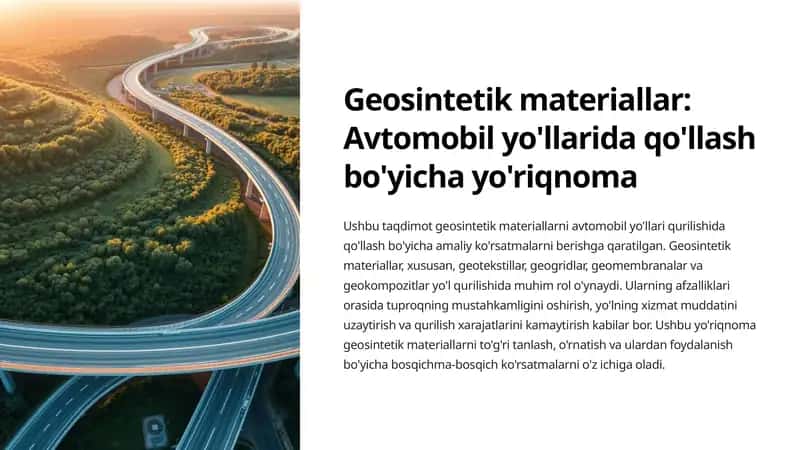 Geosintetik materiallar: Avtomobil yo'llarida qo'llash bo'yicha yo'riqnoma 1
