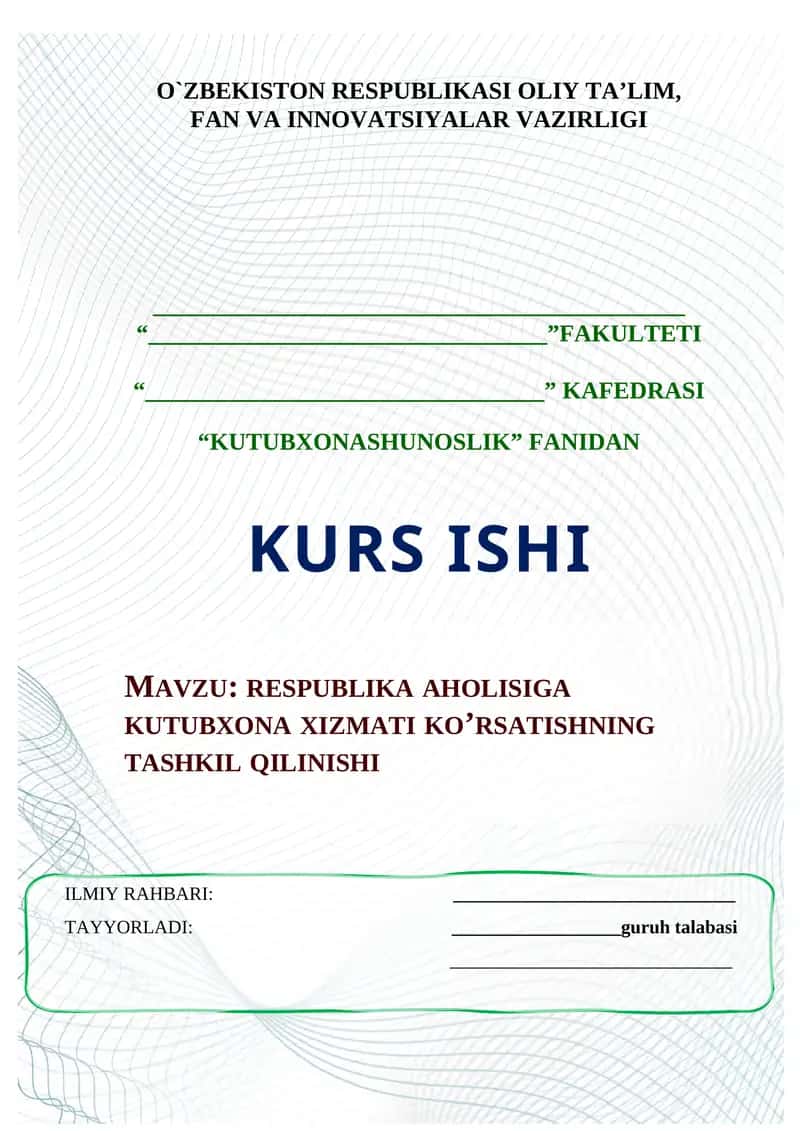 RESPUBLIKA AHOLISIGA KUTUBXONA XIZMATI KO’RSATISHNING TASHKIL QILINISHI 1