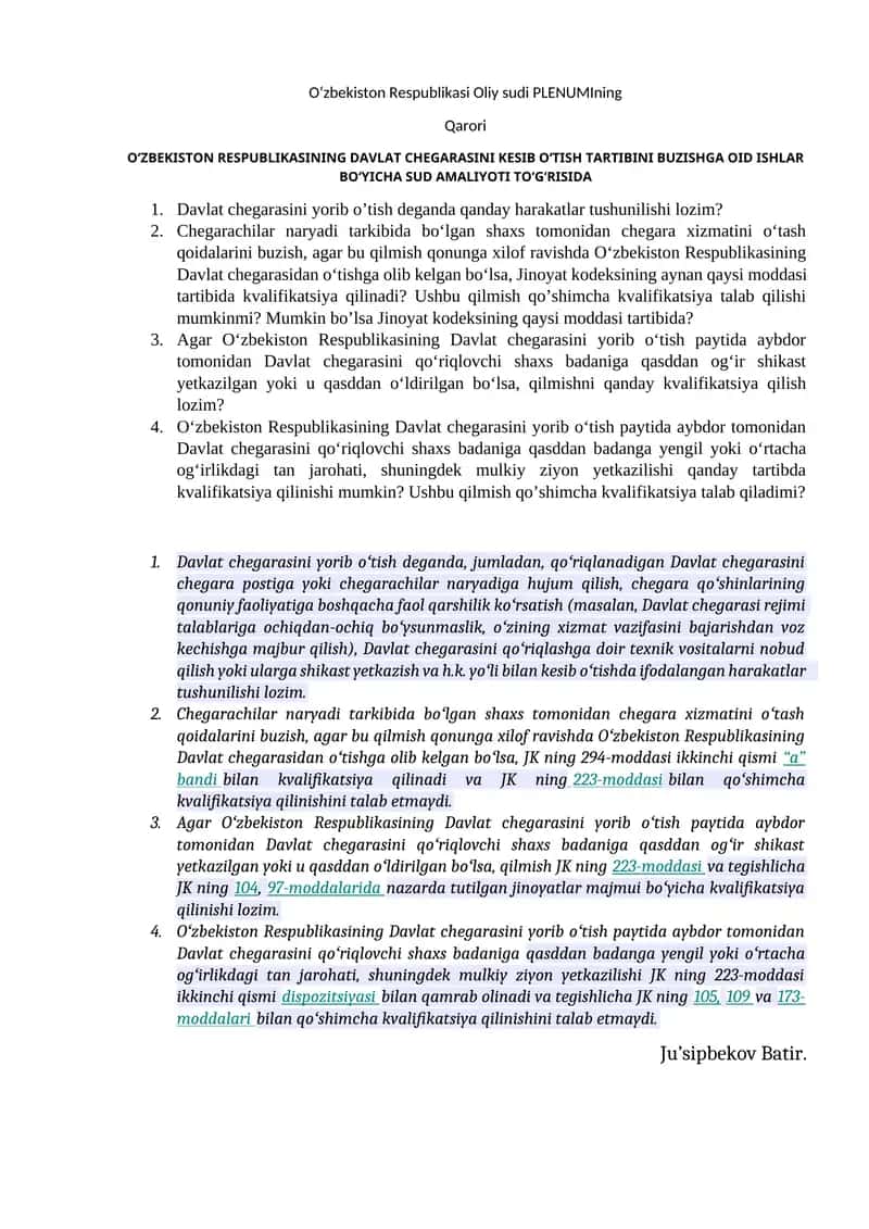 Oʻzbekiston Respublikasi Oliy sudi PLENUMIning Qarori 1