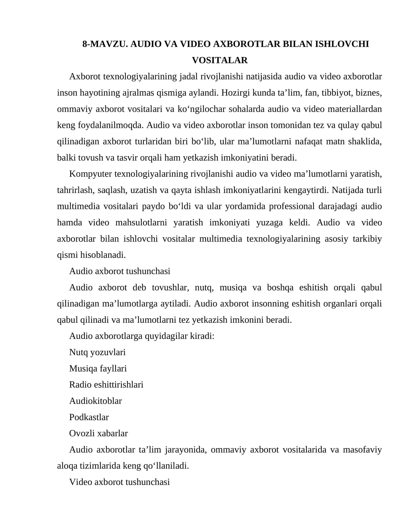 AUDIO VA VIDEO AXBOROTLAR BILAN ISHLOVCHI VOSITALAR 1
