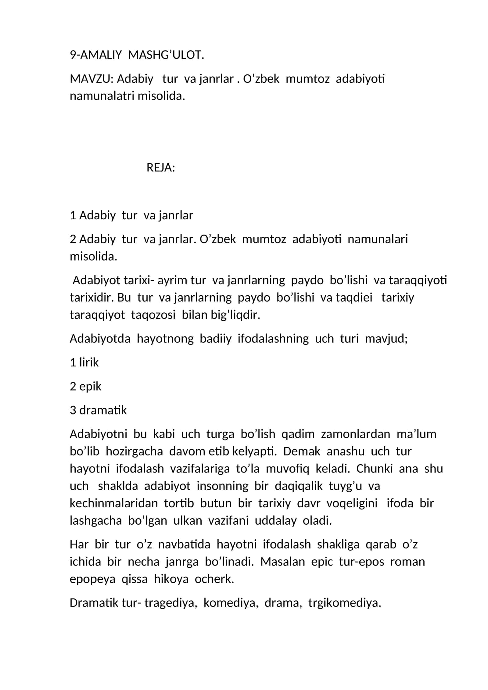 Adabiy tur va janrlar. O’zbek mumtoz adabiyoti namunalatri misolida 1