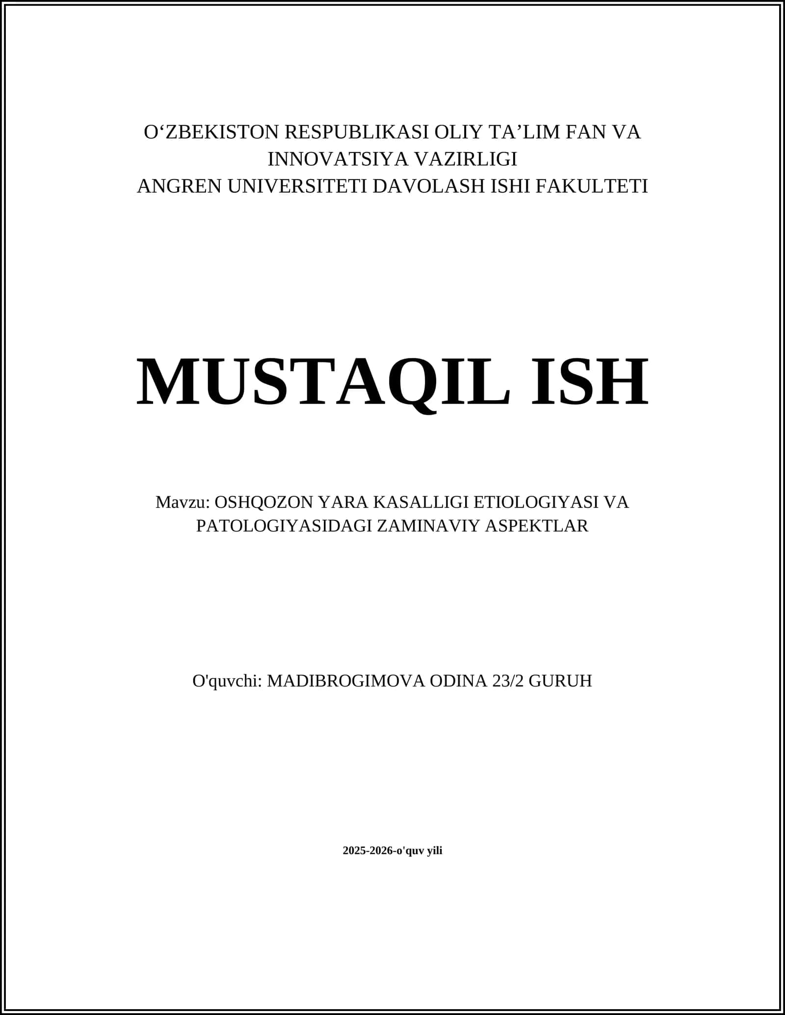 OSHQOZON YARA KASALLIGI ETIOLOGIYASI VA PATOLOGIYASIDAGI ZAMINAVIY ASPEKTLAR 1
