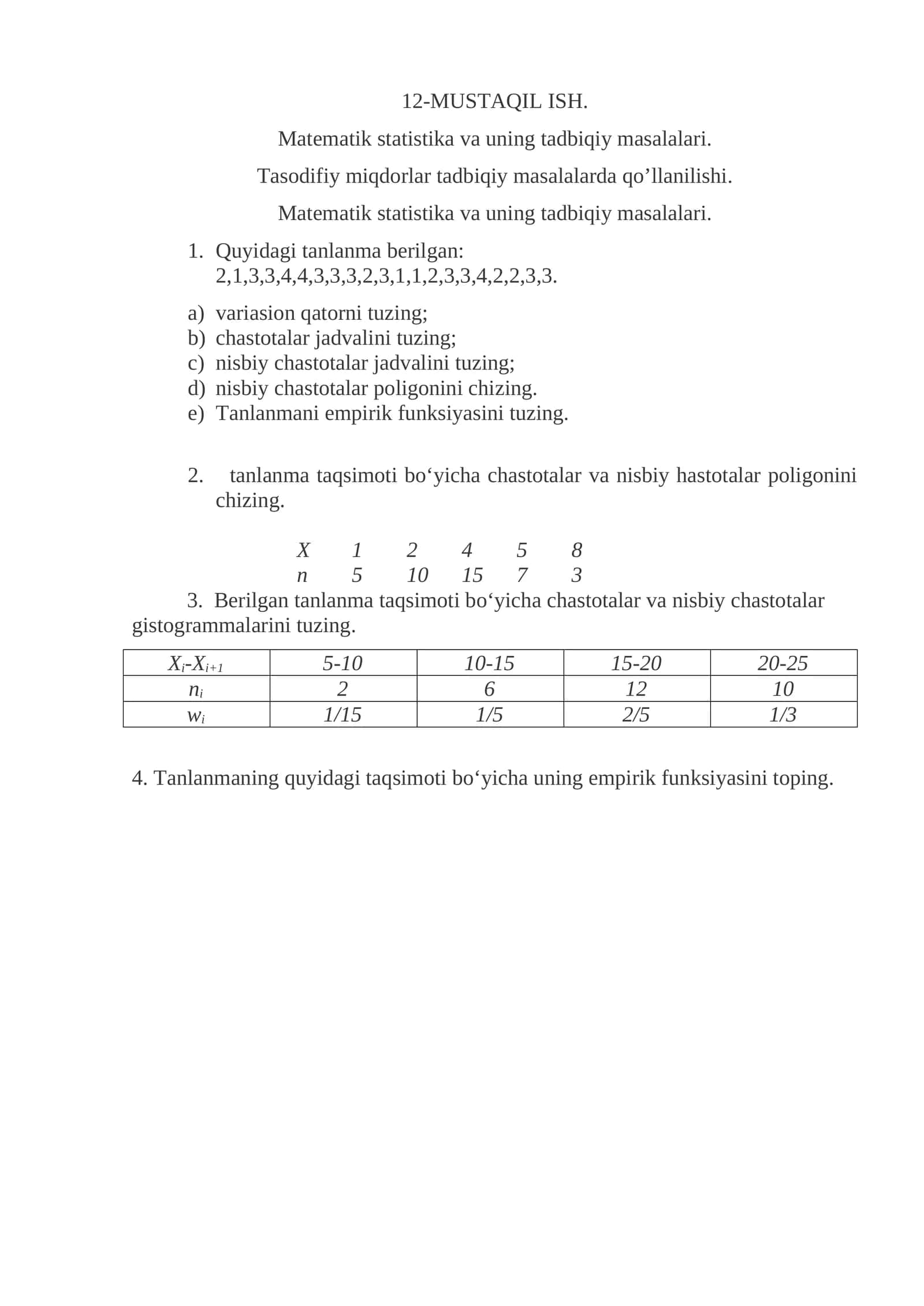 Matematik statistika va uning tadbiqiy masalalari 1