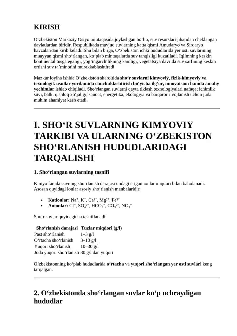 Sho‘rlangan suvlarning kimyoviy tarkibi va ularning O‘zbekiston sho‘rlanish hududlaridagi tarqalishi 1