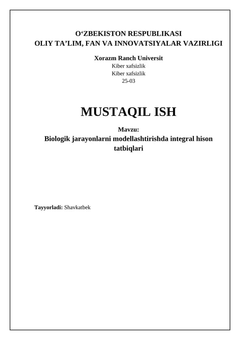 Biologik jarayonlarni modellashtirishda integral hison tatbiqlari 1