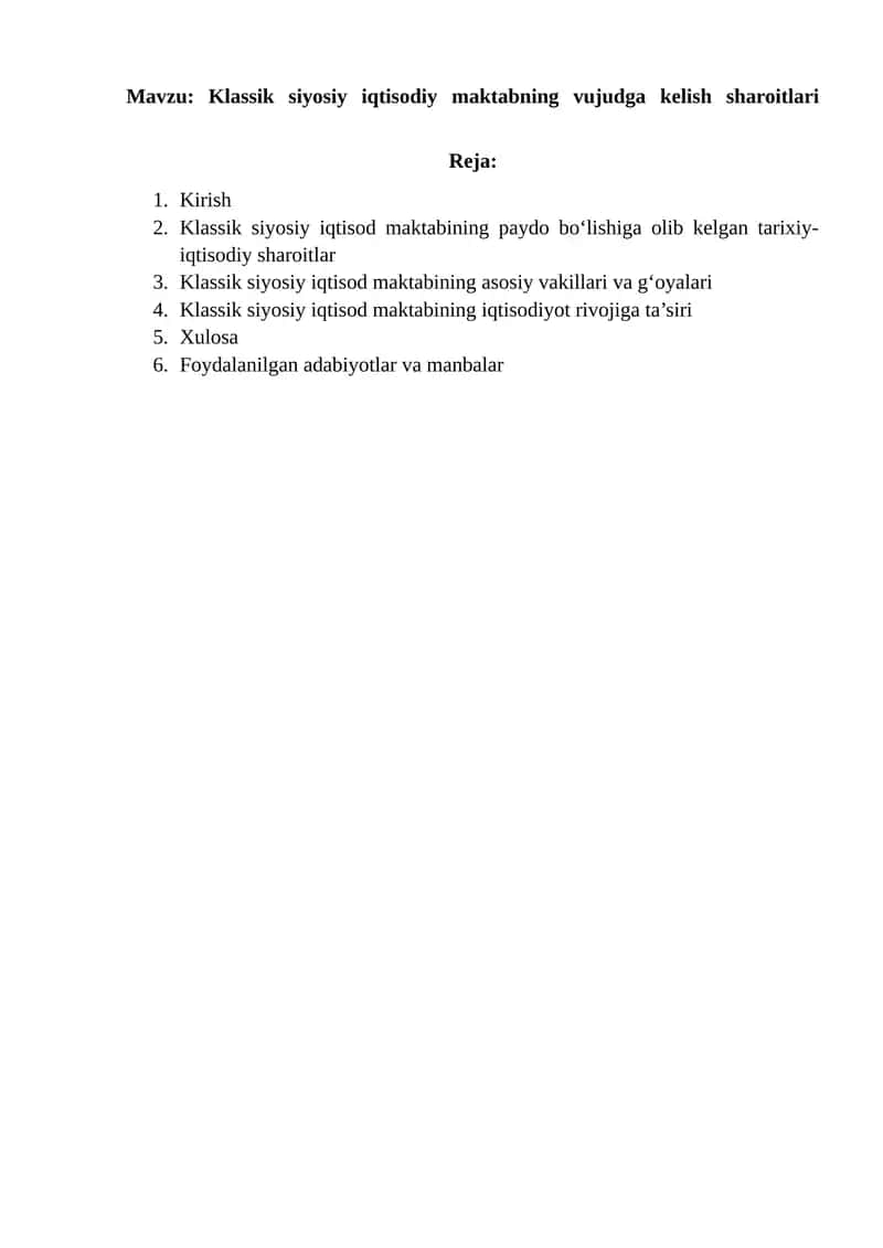 Klassik siyosiy iqtisodiy maktabning vujudga kelish sharoitlari 1