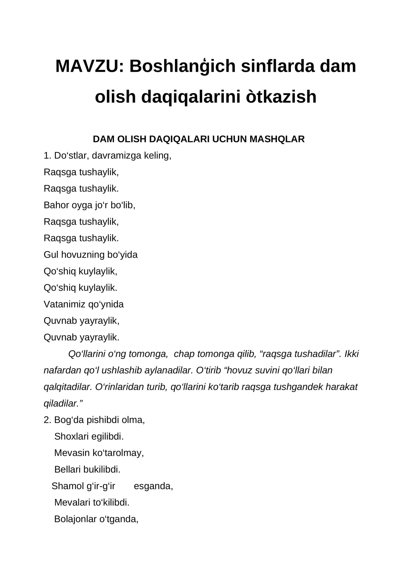 DAM OLISH DAQIQALARI UCHUN MASHQLAR 1