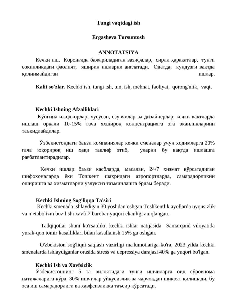 Tungi vaqtdagi ish 1