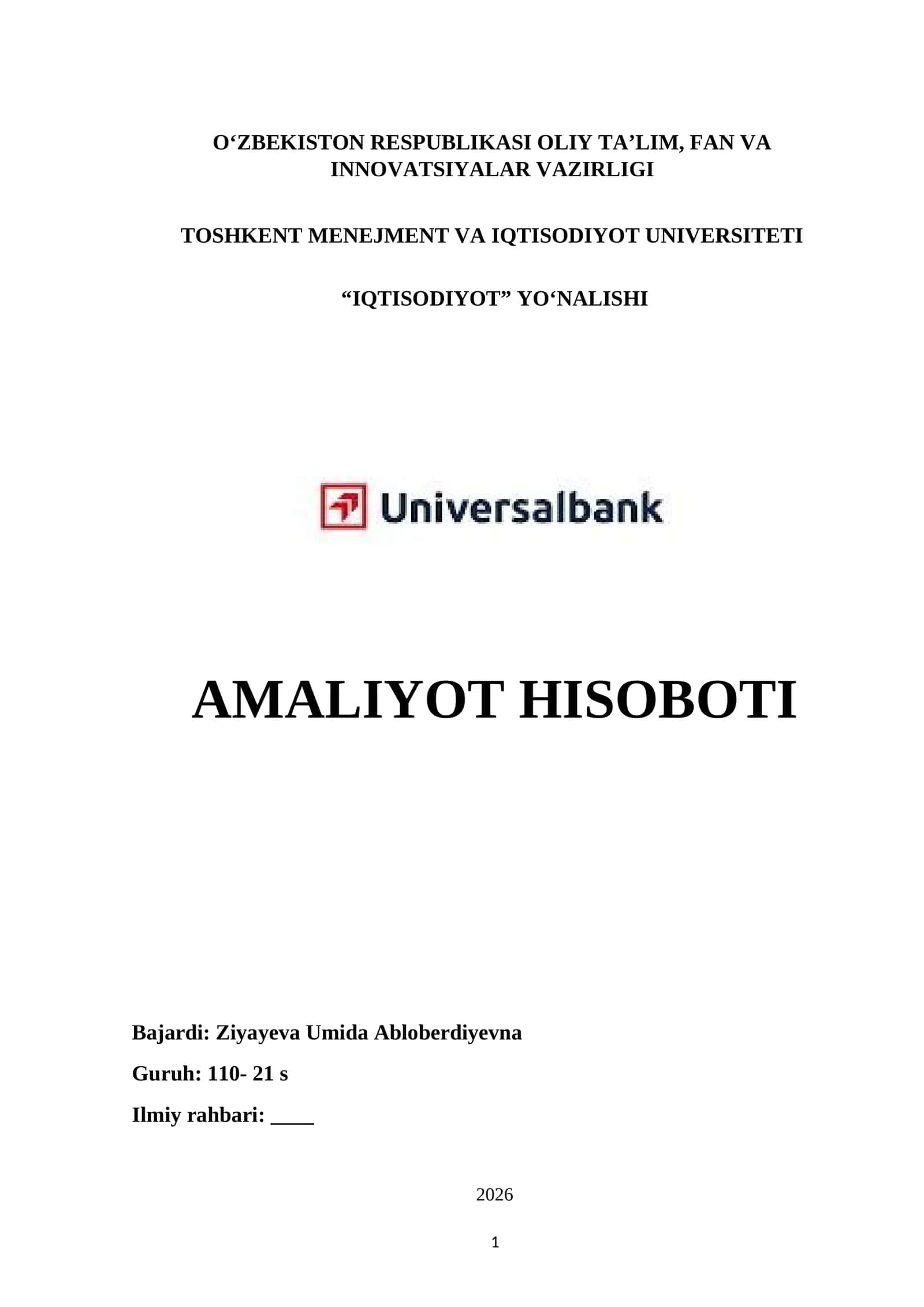 UNIVERSAL BANK. AMALIYOT HISOBOTI 1