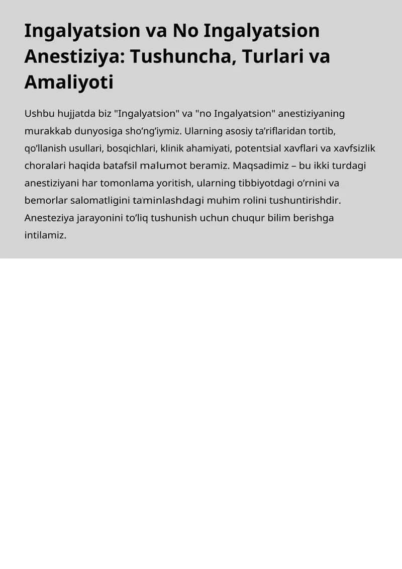 Ingalyatsion va No Ingalyatsion Anestiziya: Tushuncha, Turlari va Amaliyoti 1