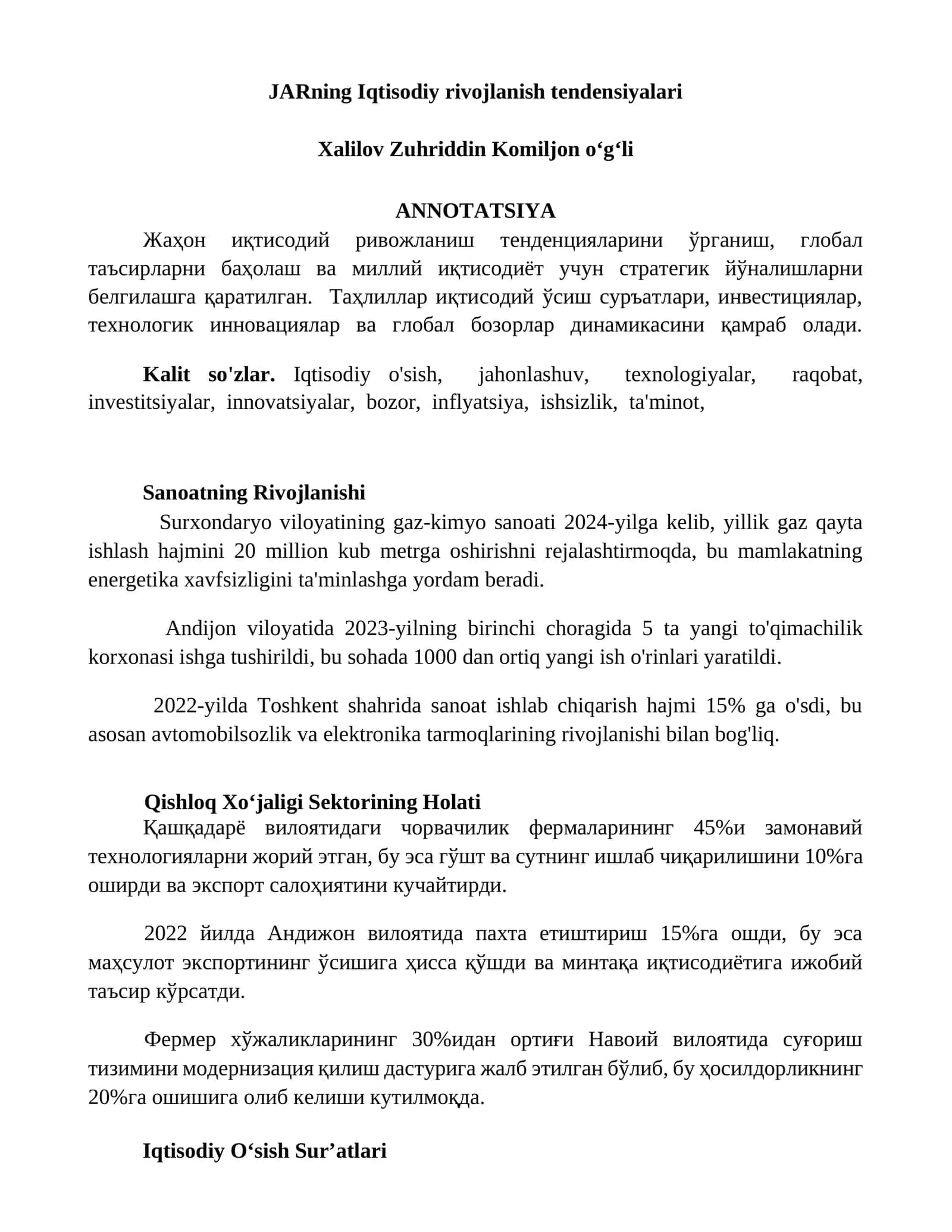 JARning Iqtisodiy rivojlanish tendensiyalari 1
