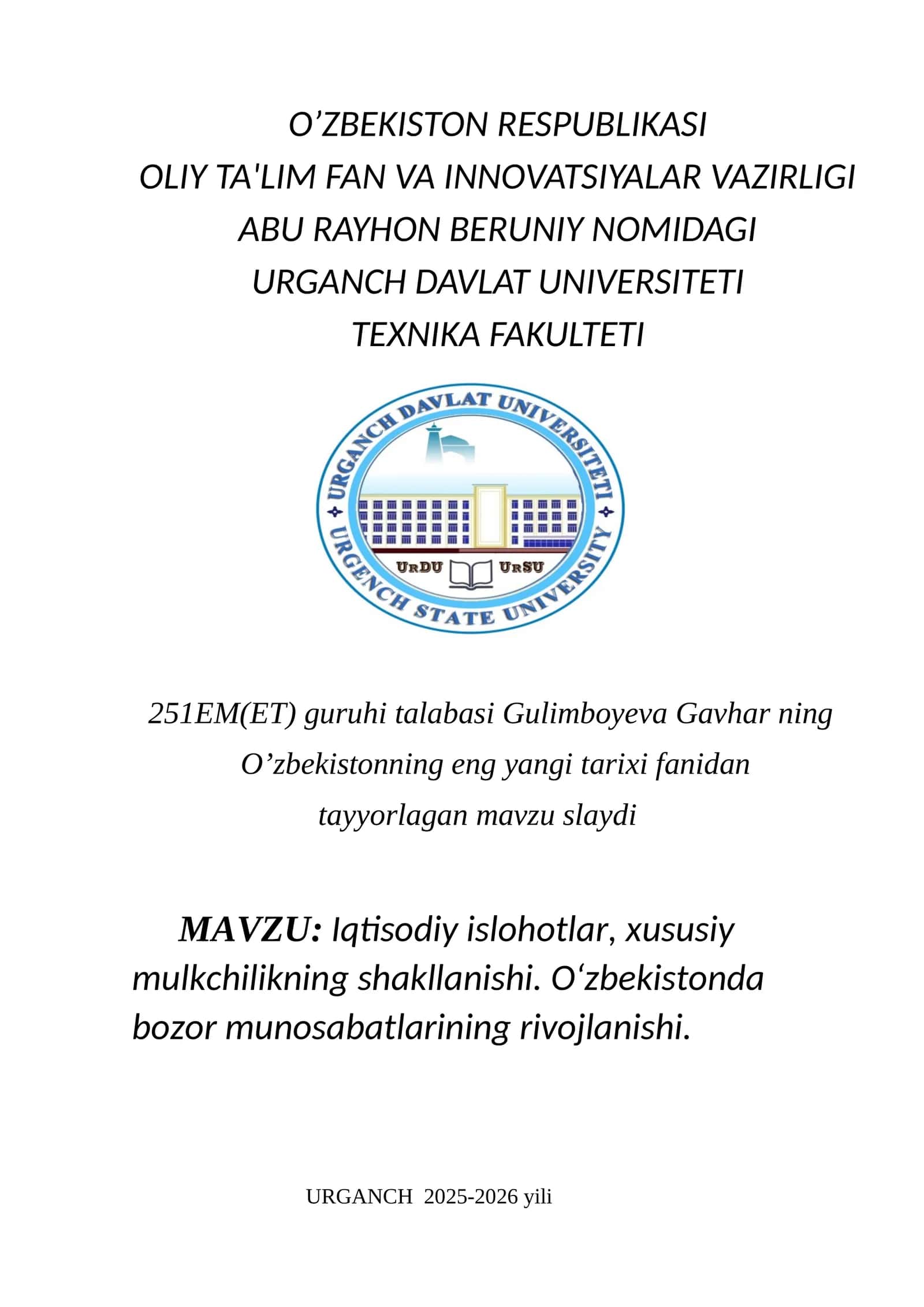 Iqtisodiy islohotlar, xususiy mulkchilikning shakllanishi. O‘zbekistonda bozor munosabatlarining rivojlanishi 1