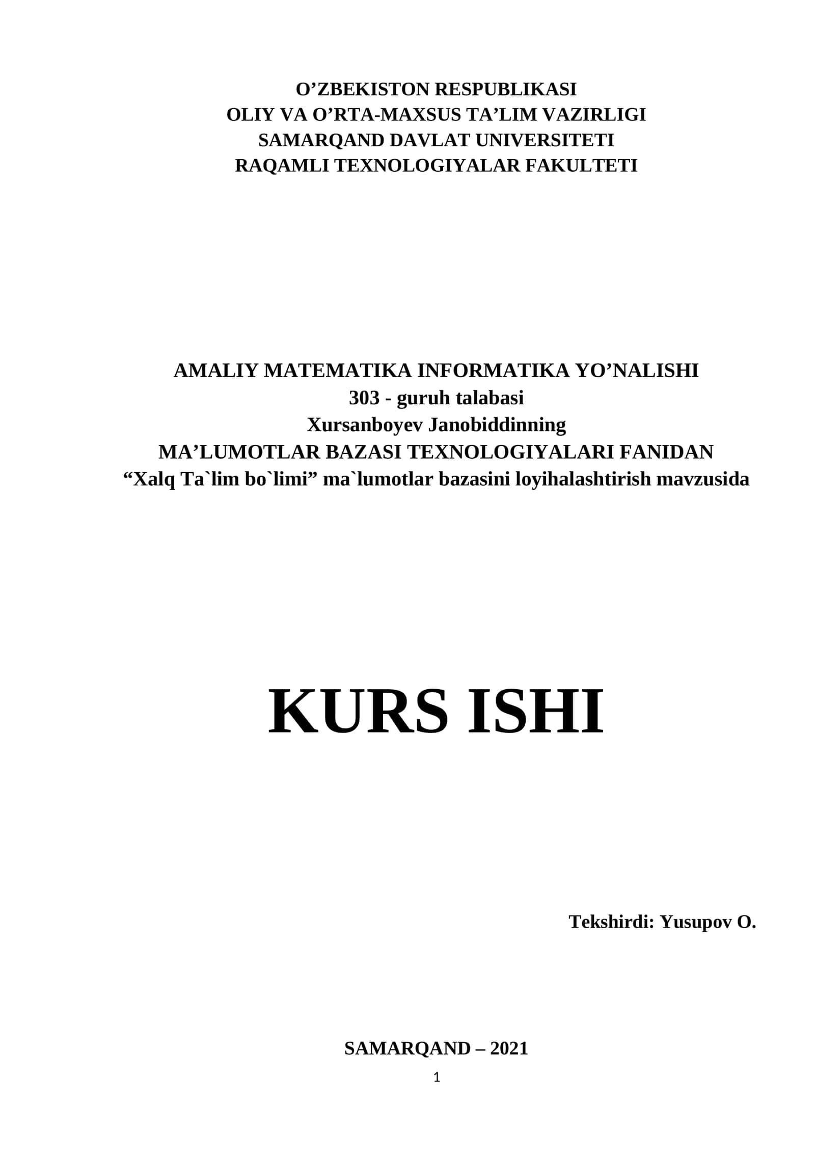 Xalq Ta`lim bo`limi ma`lumotlar bazasini loyihalashtirish 1