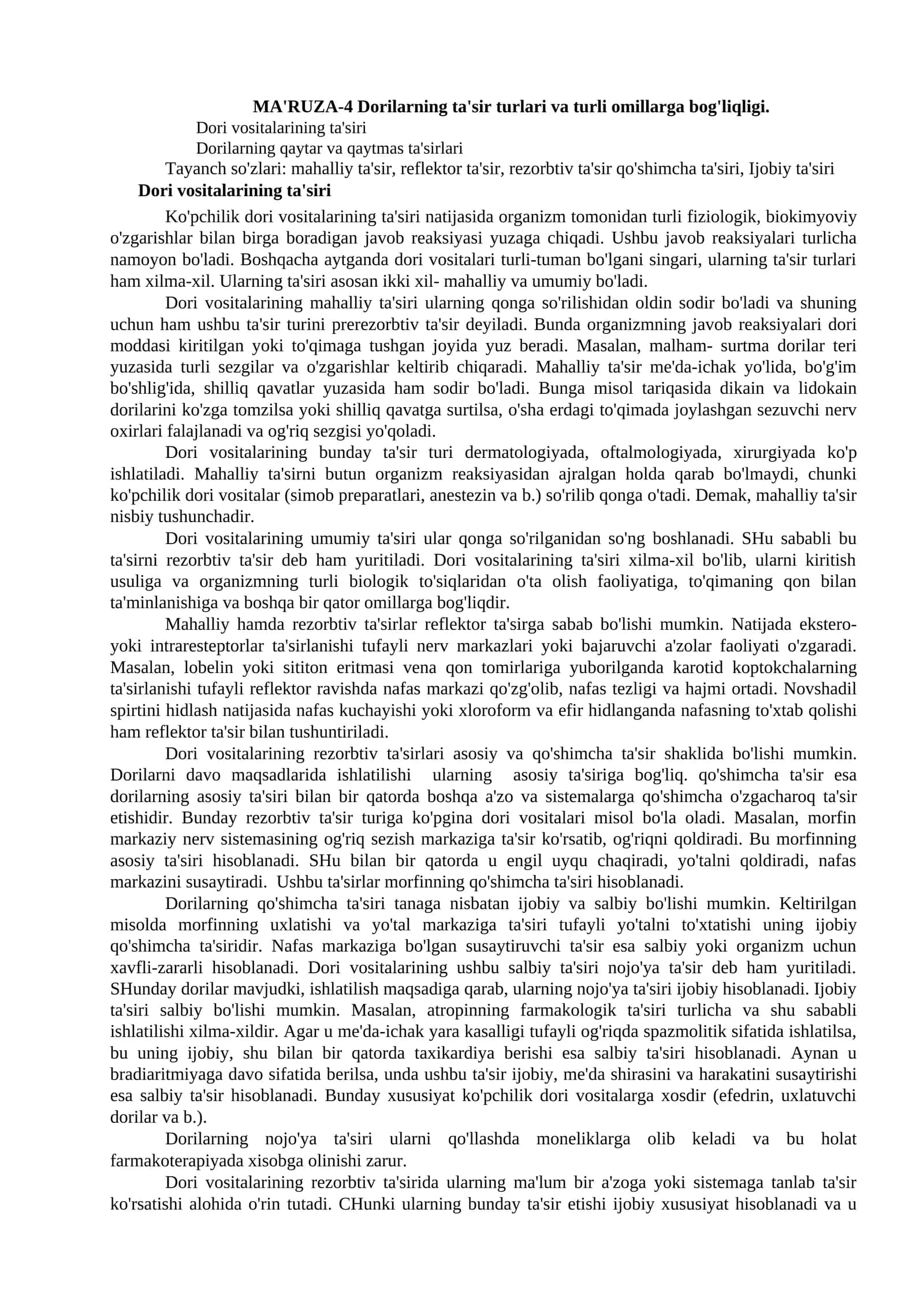 MA'RUZA-4 Dorilarning ta'sir turlari va turli omillarga bog'liqligi 1