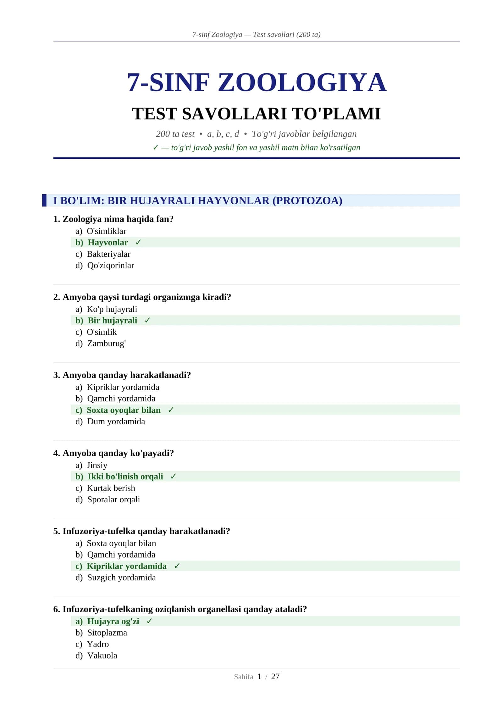 7-sinf Zoologiya — Test savollari (200 ta) 1