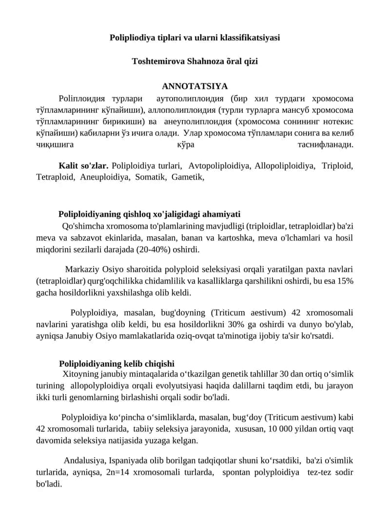 Poliploidiya tiplari va ularni klassifikatsiyasi 1