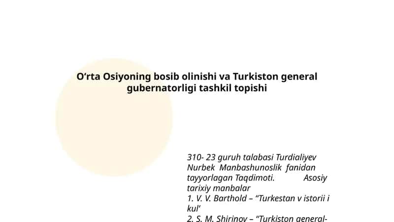Turdialiyev Nurbek Manbashunoslik fanidan tayyorlagan Taqdimoti 1