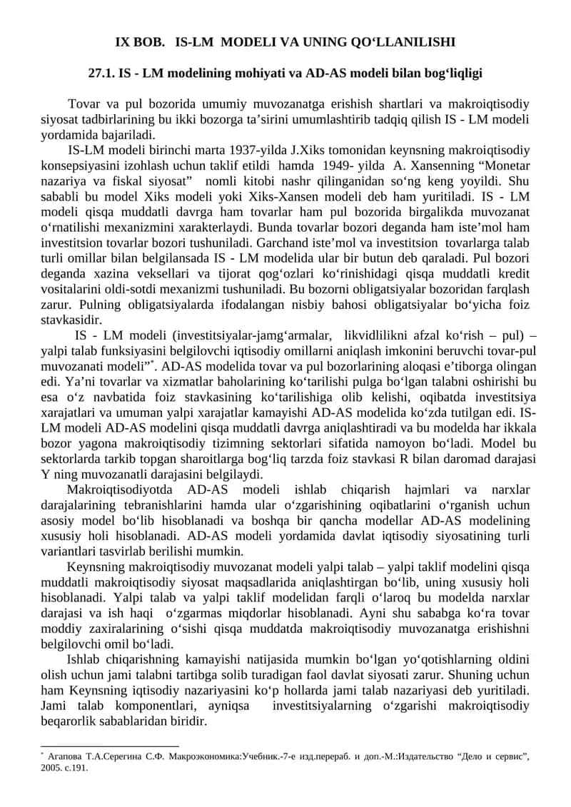 IS-LM MODELI VA UNING QOʻLLANILISHI 1