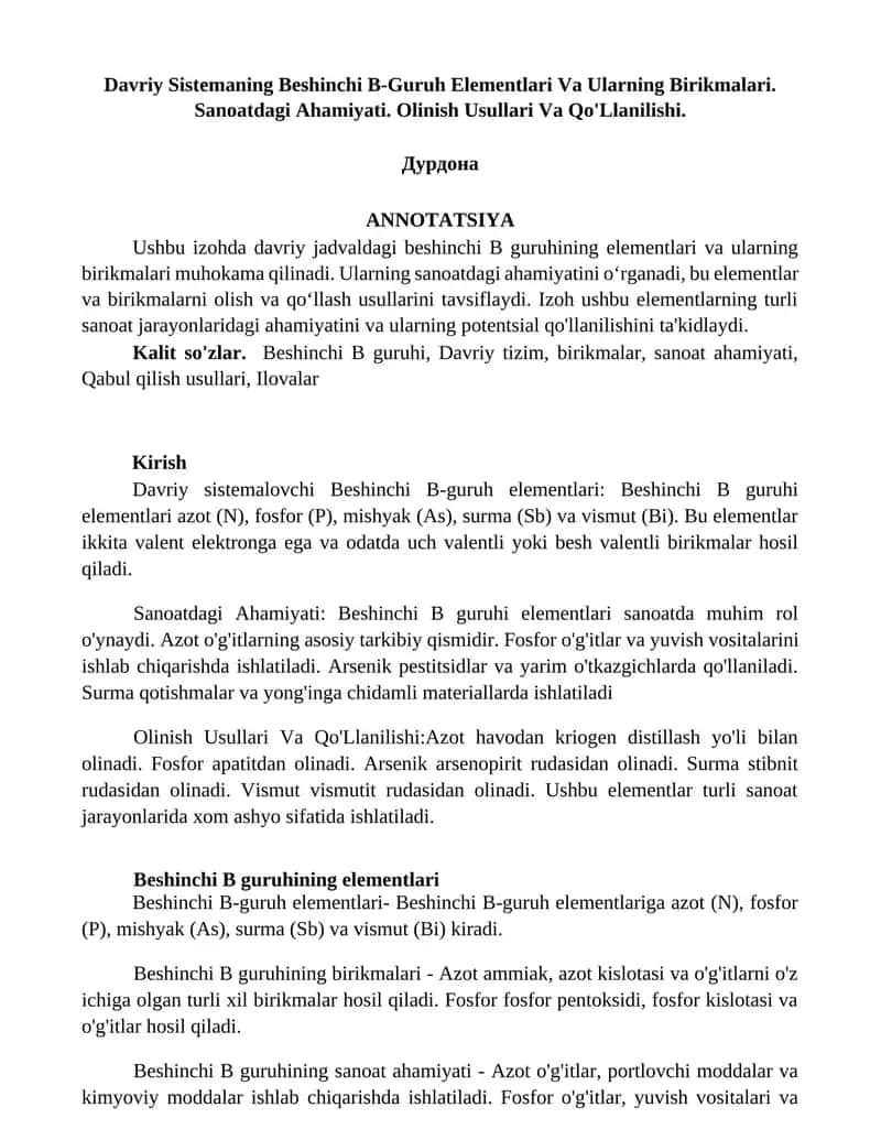 Davriy Sistemaning Beshinchi B-Guruh Elementlari Va Ularning Birikmalari 1
