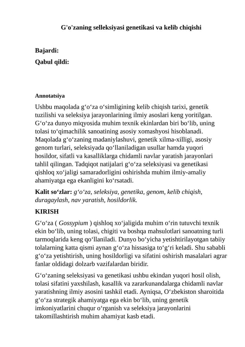 G‘o‘zaning selleksiyasi genetikasi va kelib chiqishi 1