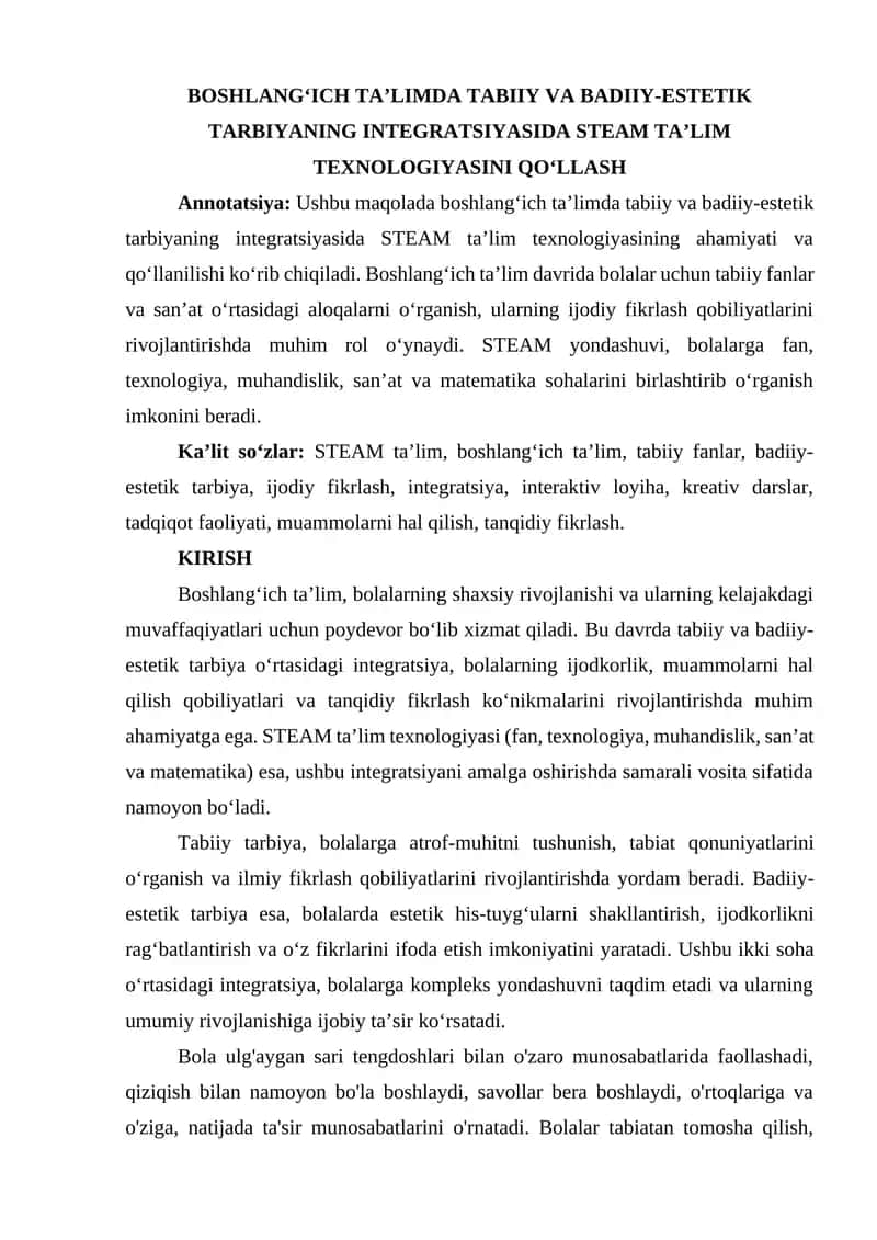 BOSHLANG‘ICH TA’LIMDA TABIIY VA BADIIY-ESTETIK TARBIYANING INTEGRATSIYASIDA STEAM TA’LIM TEXNOLOGIYASINI QO‘LLASH 1