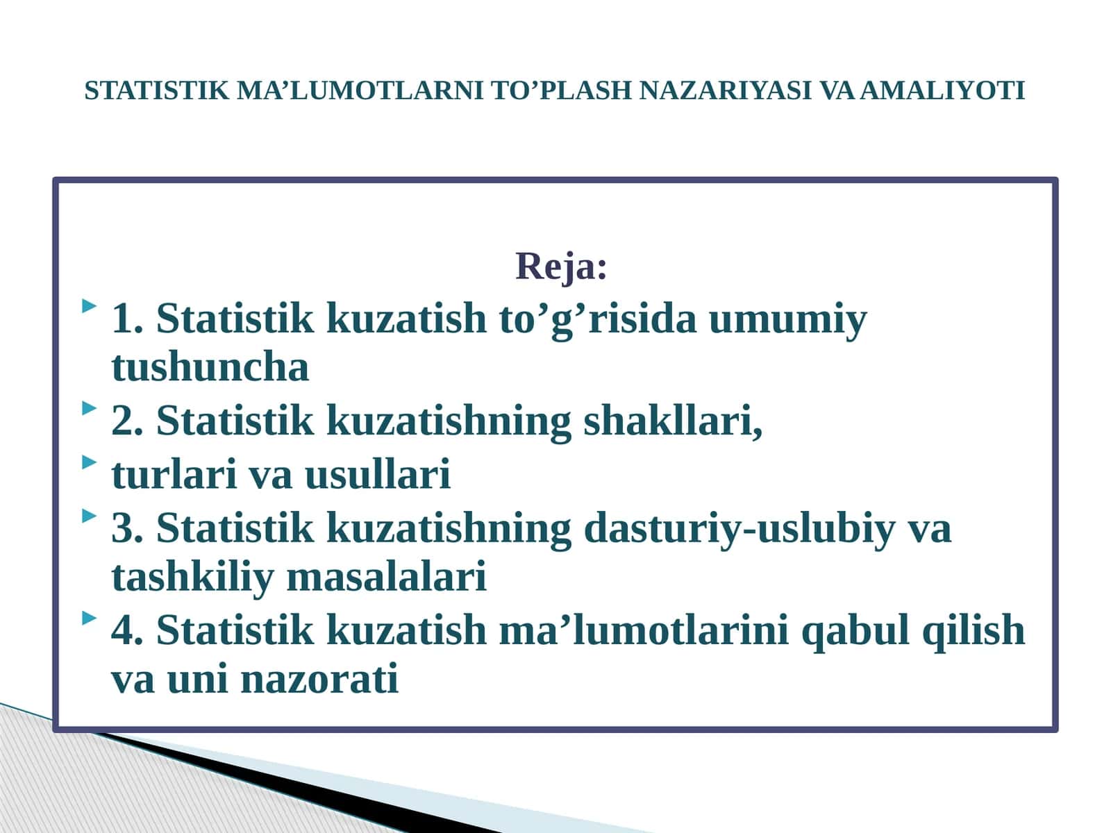 STATISTIK MA’LUMOTLARNI TO’PLASH NAZARIYASI VA AMALIYOTI 1